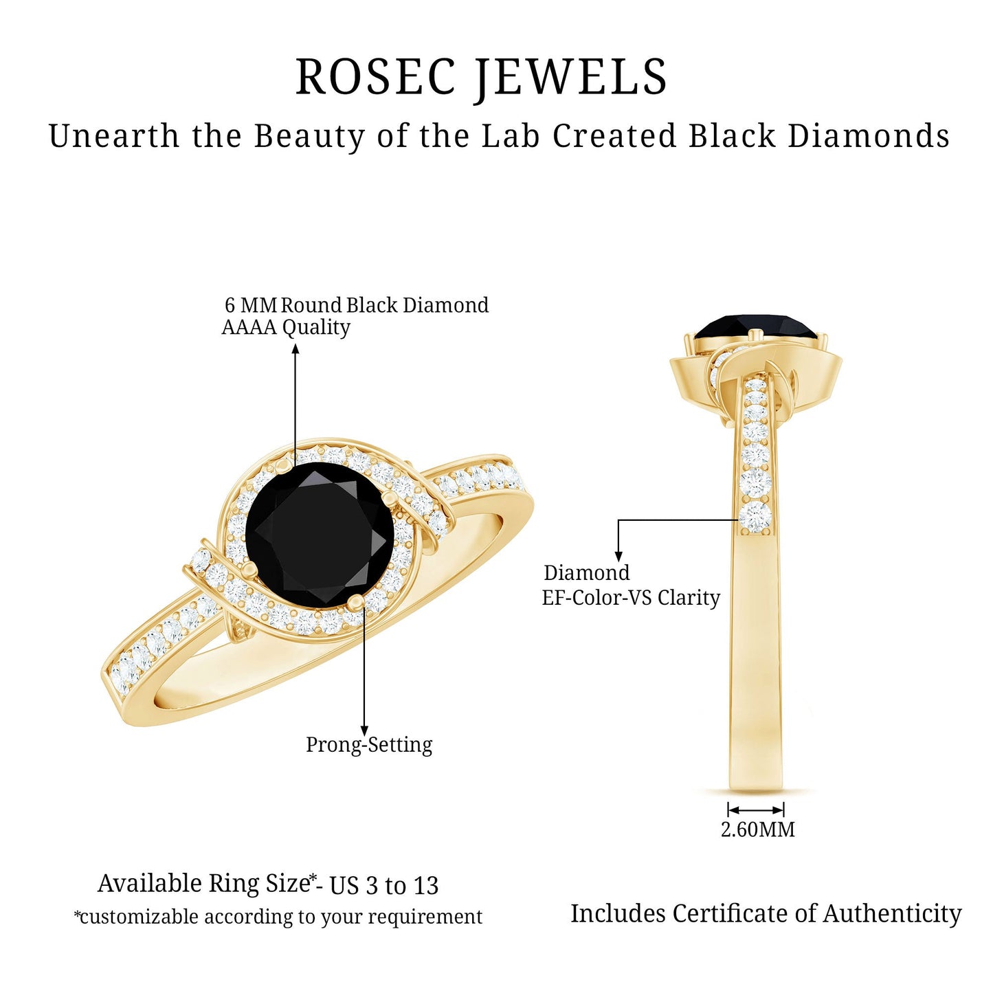 1.3 Carat Lab Grown Black Diamond Engagement Ring with White Diamond Halo