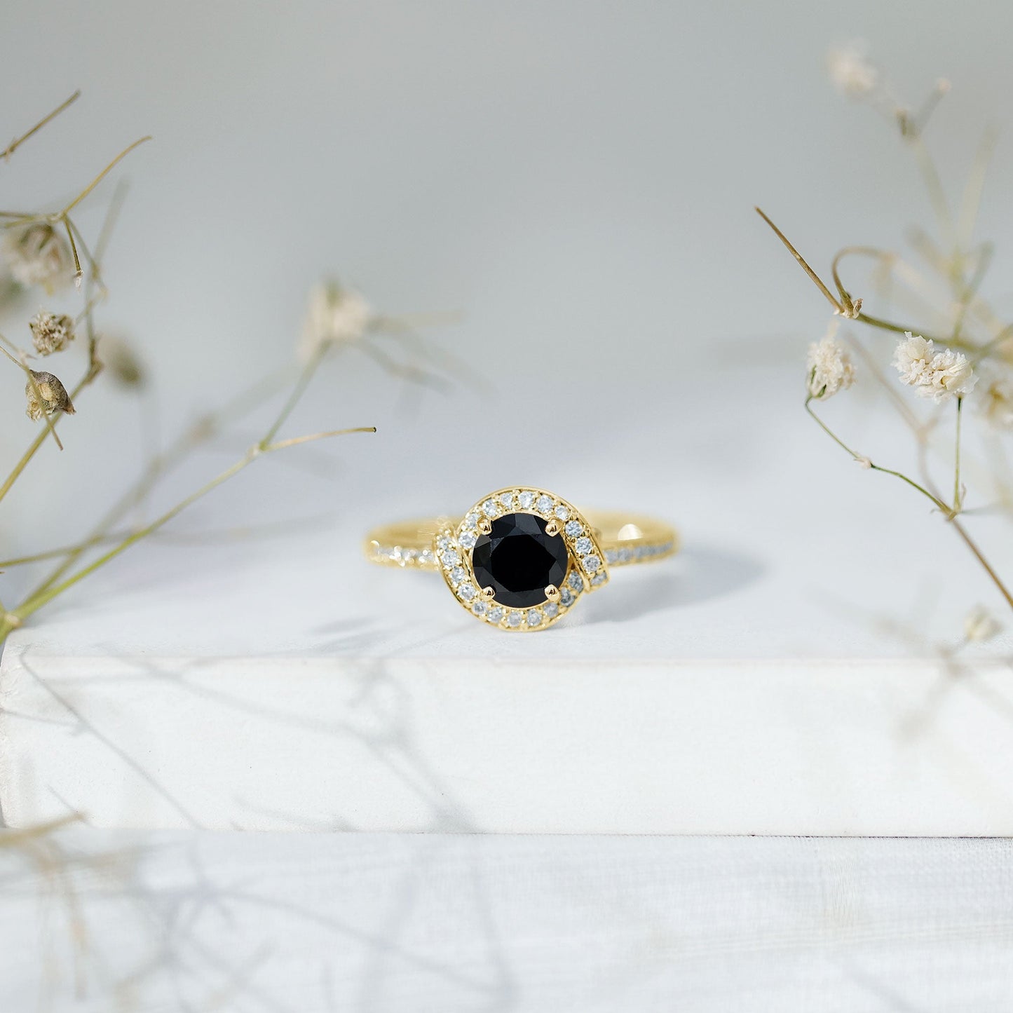 1.3 Carat Lab Grown Black Diamond Engagement Ring with White Diamond Halo