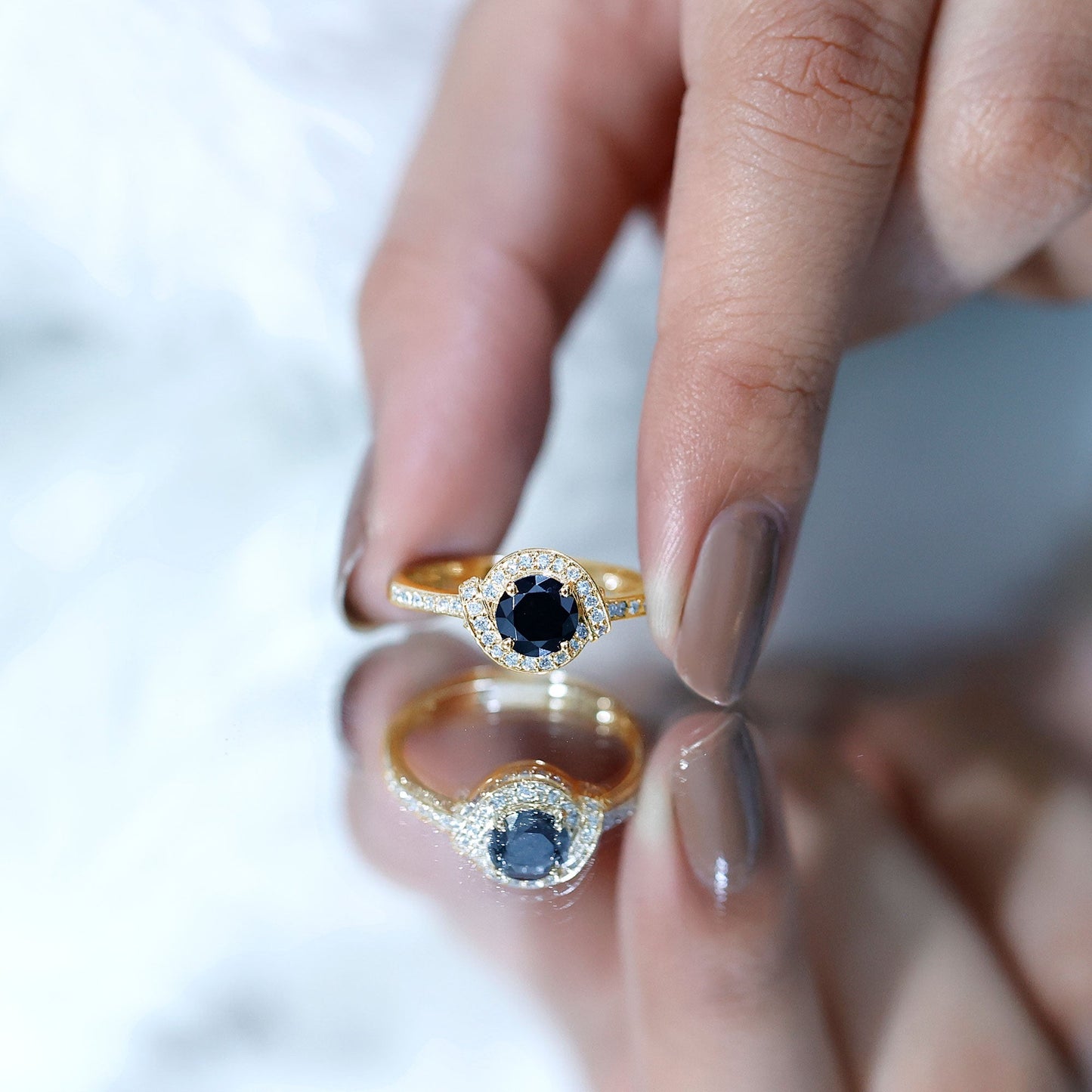 1.3 Carat Lab Grown Black Diamond Engagement Ring with White Diamond Halo