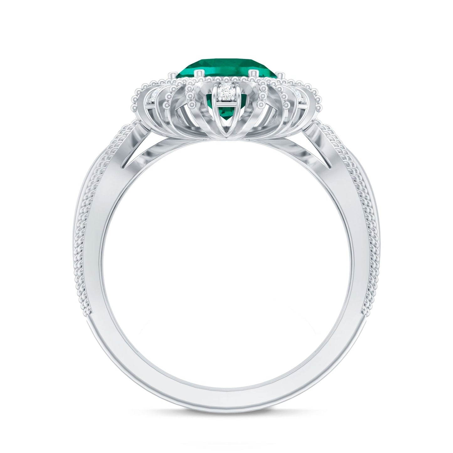 Lab Grown Emerald Vintage Style Flower Engagement Ring With Diamond