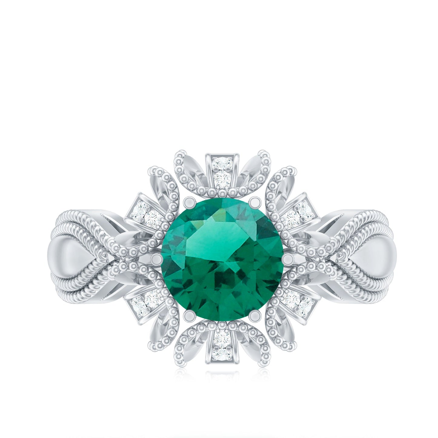 Lab Grown Emerald Vintage Style Flower Engagement Ring With Diamond