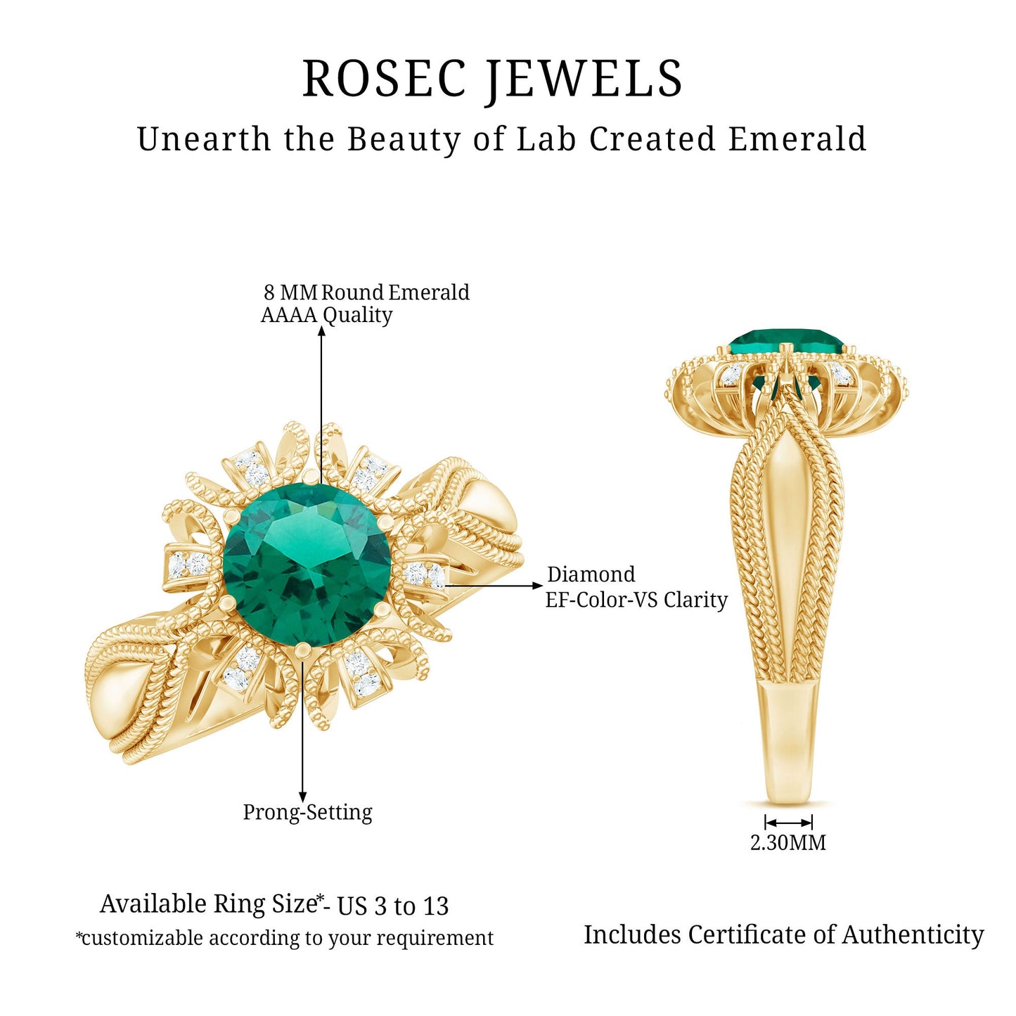 Lab Grown Emerald Vintage Style Flower Engagement Ring With Diamond
