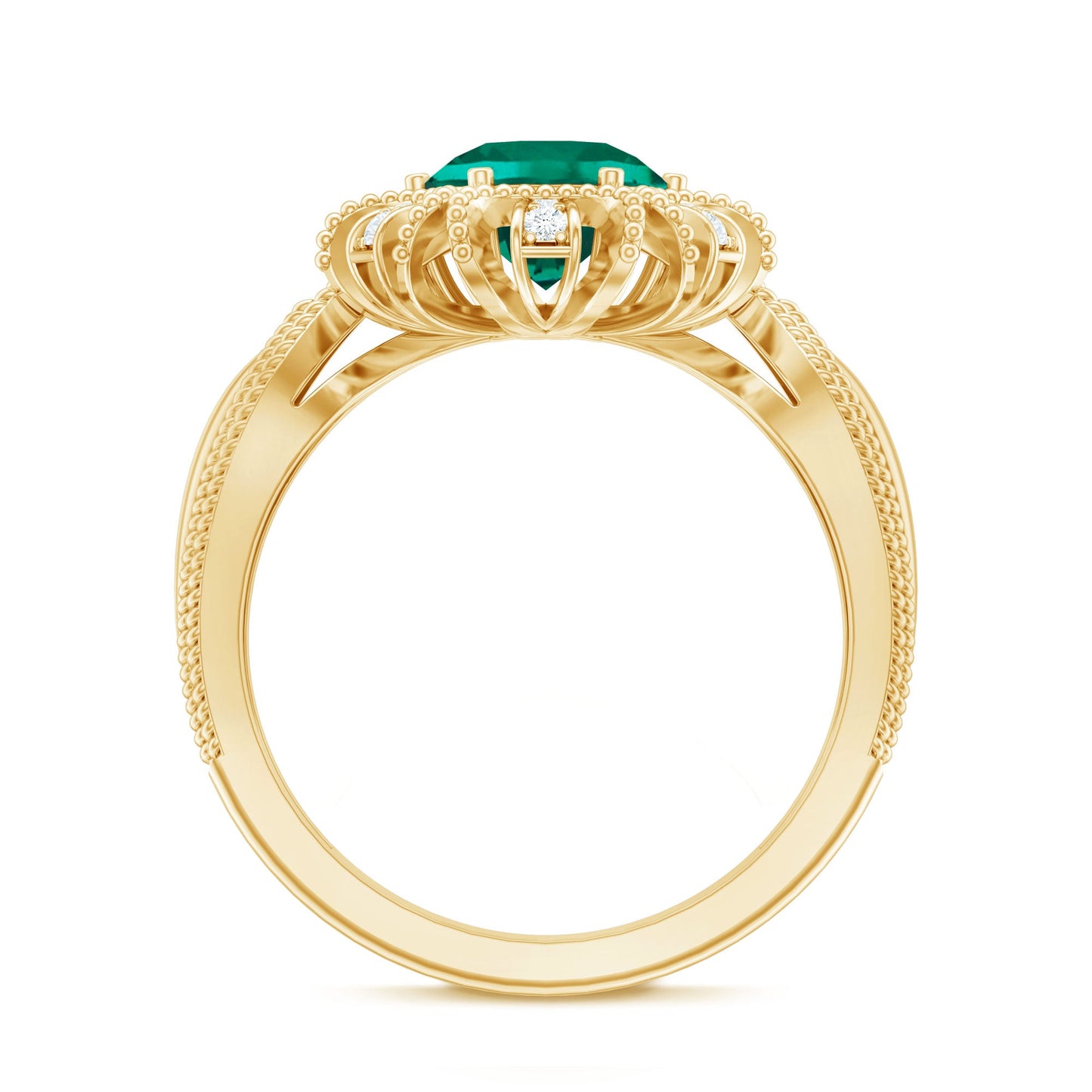 Lab Grown Emerald Vintage Style Flower Engagement Ring With Diamond