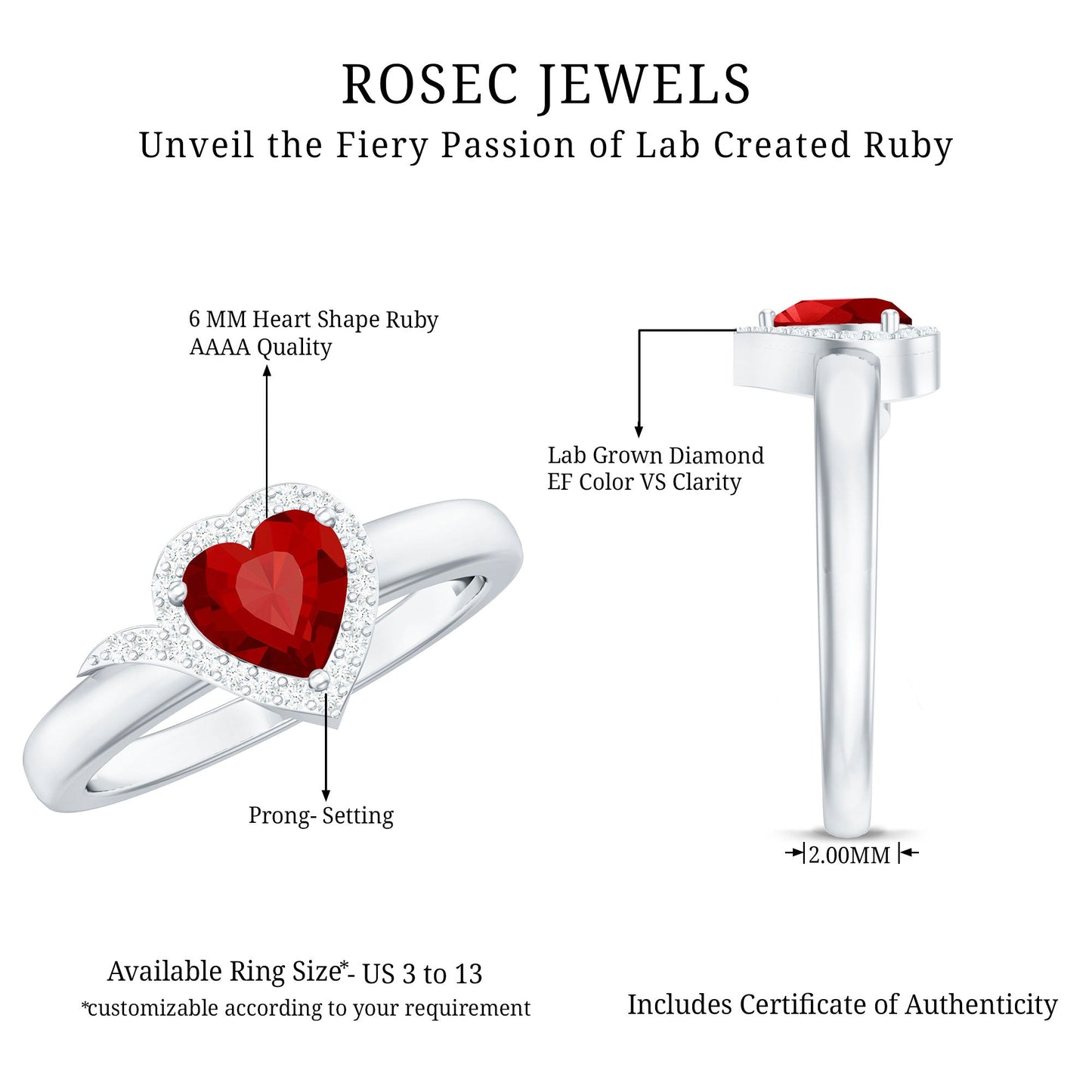 0.9 Carat Lab Grown Ruby Heart Engagement Ring with Diamond Halo