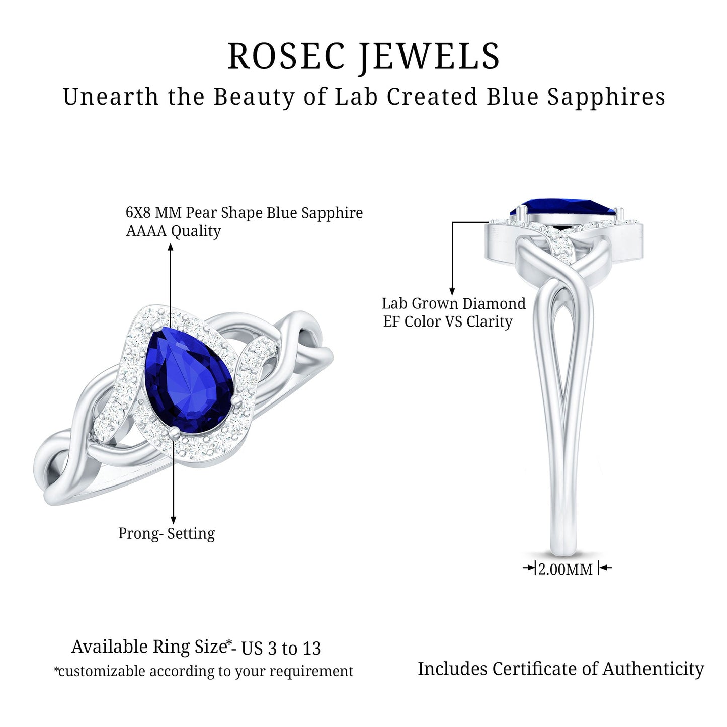 Certified 1.6 Carat Lab Grown Blue Sapphire Diamond Teardrop Engagement Ring with Crossover Shank