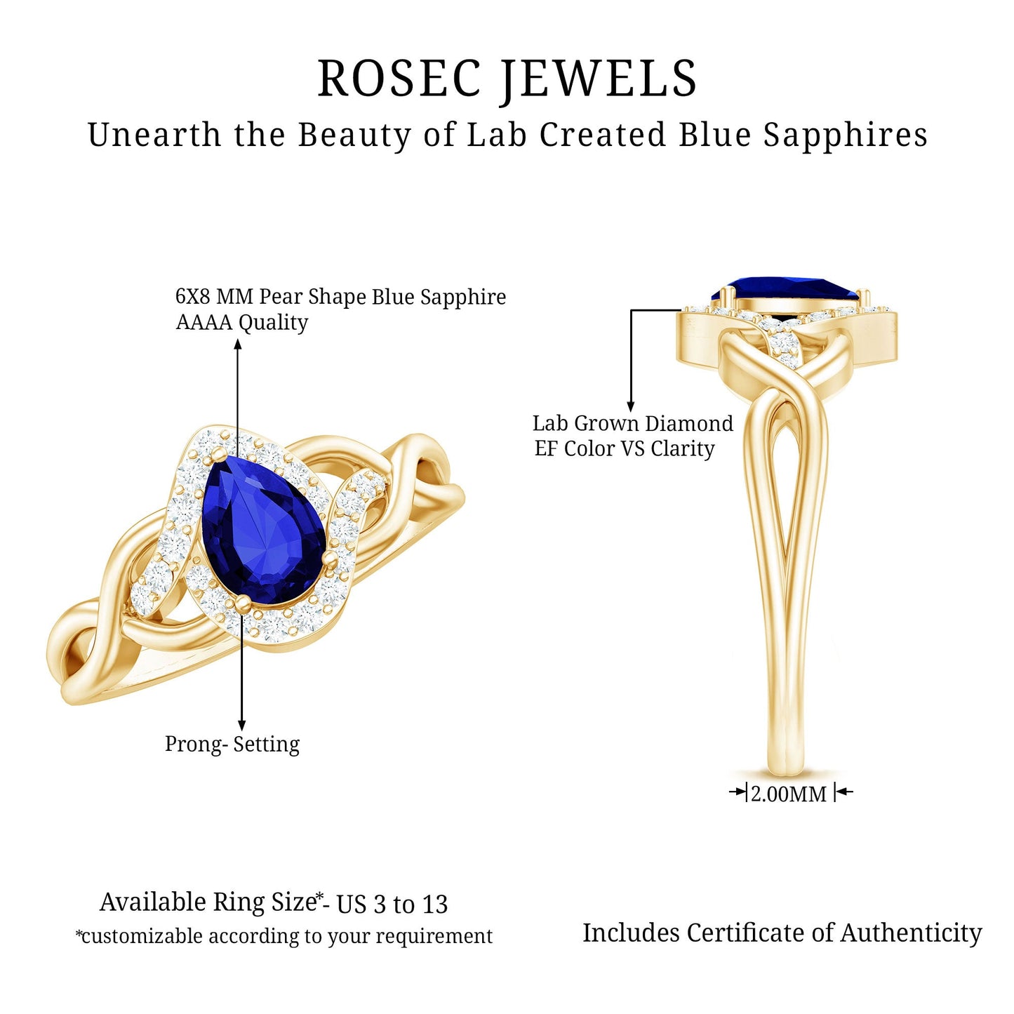 Certified 1.6 Carat Lab Grown Blue Sapphire Diamond Teardrop Engagement Ring with Crossover Shank