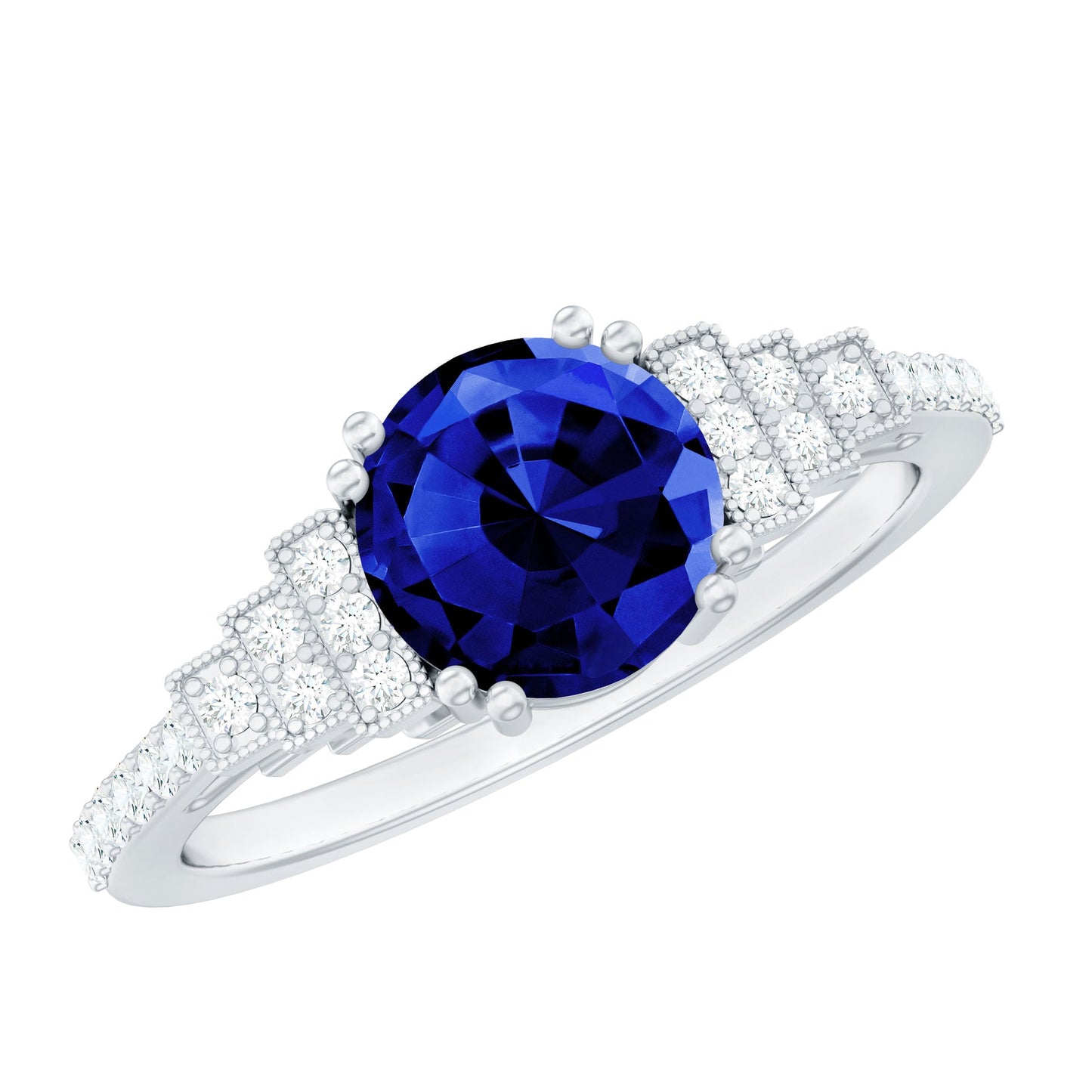 Vintage Style 2.7 Carat Lab Grown Blue Sapphire Engagement Ring with Diamond Side Stone