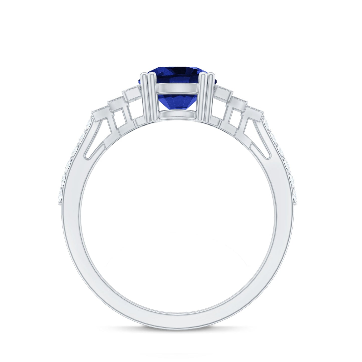 Vintage Style 2.7 Carat Lab Grown Blue Sapphire Engagement Ring with Diamond Side Stone