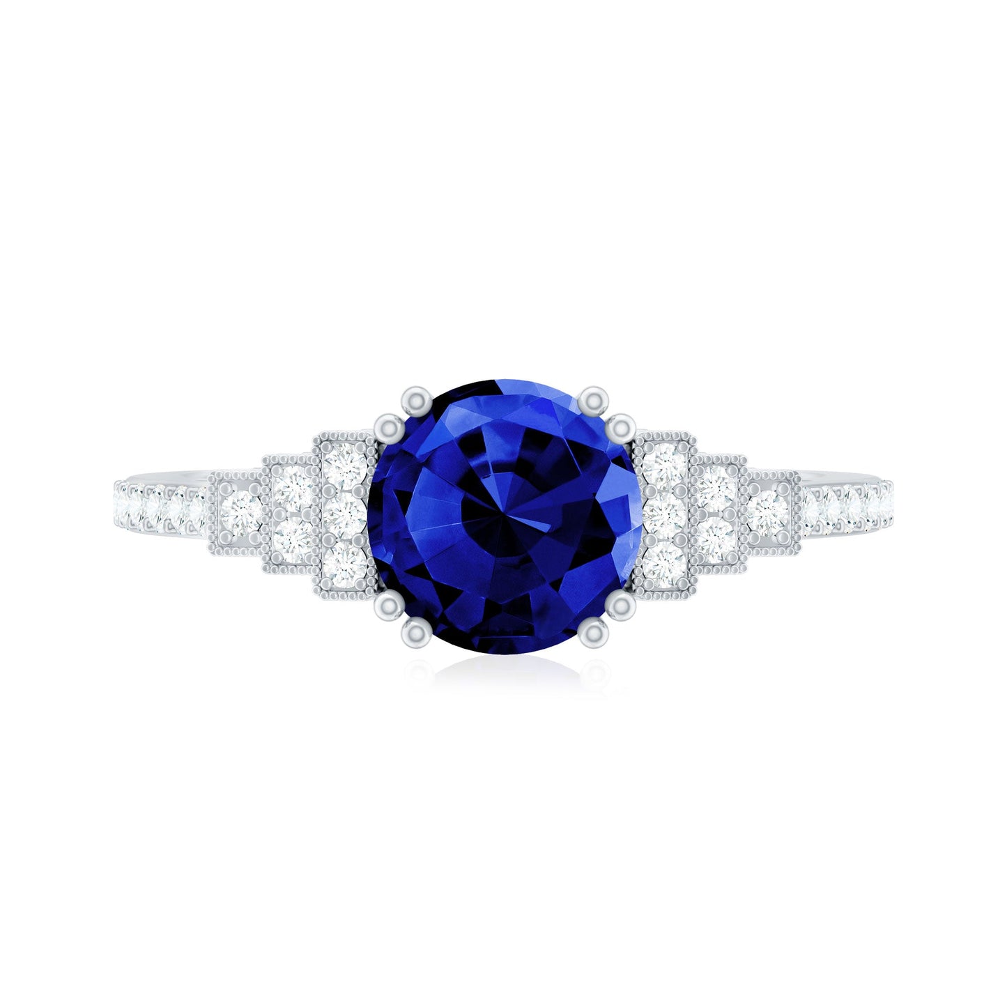 Vintage Style 2.7 Carat Lab Grown Blue Sapphire Engagement Ring with Diamond Side Stone