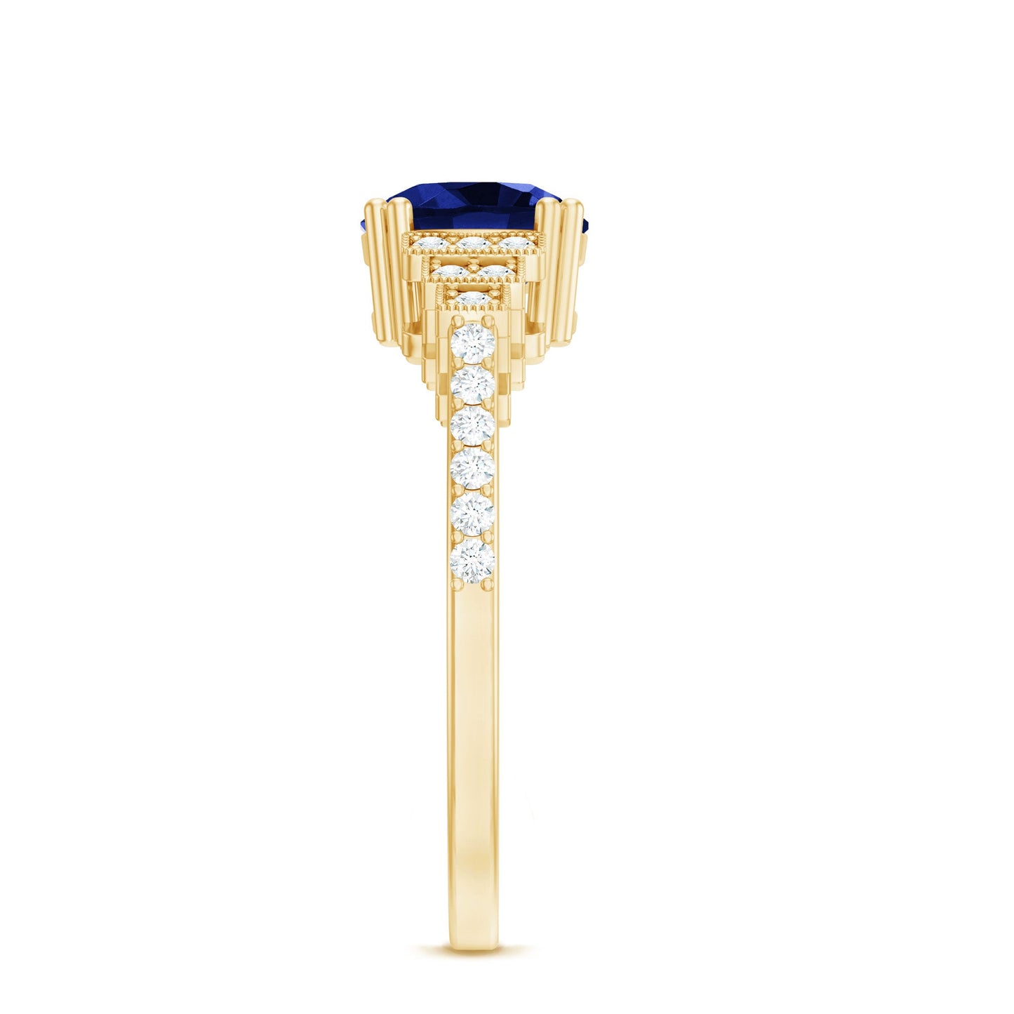 Vintage Style 2.7 Carat Lab Grown Blue Sapphire Engagement Ring with Diamond Side Stone