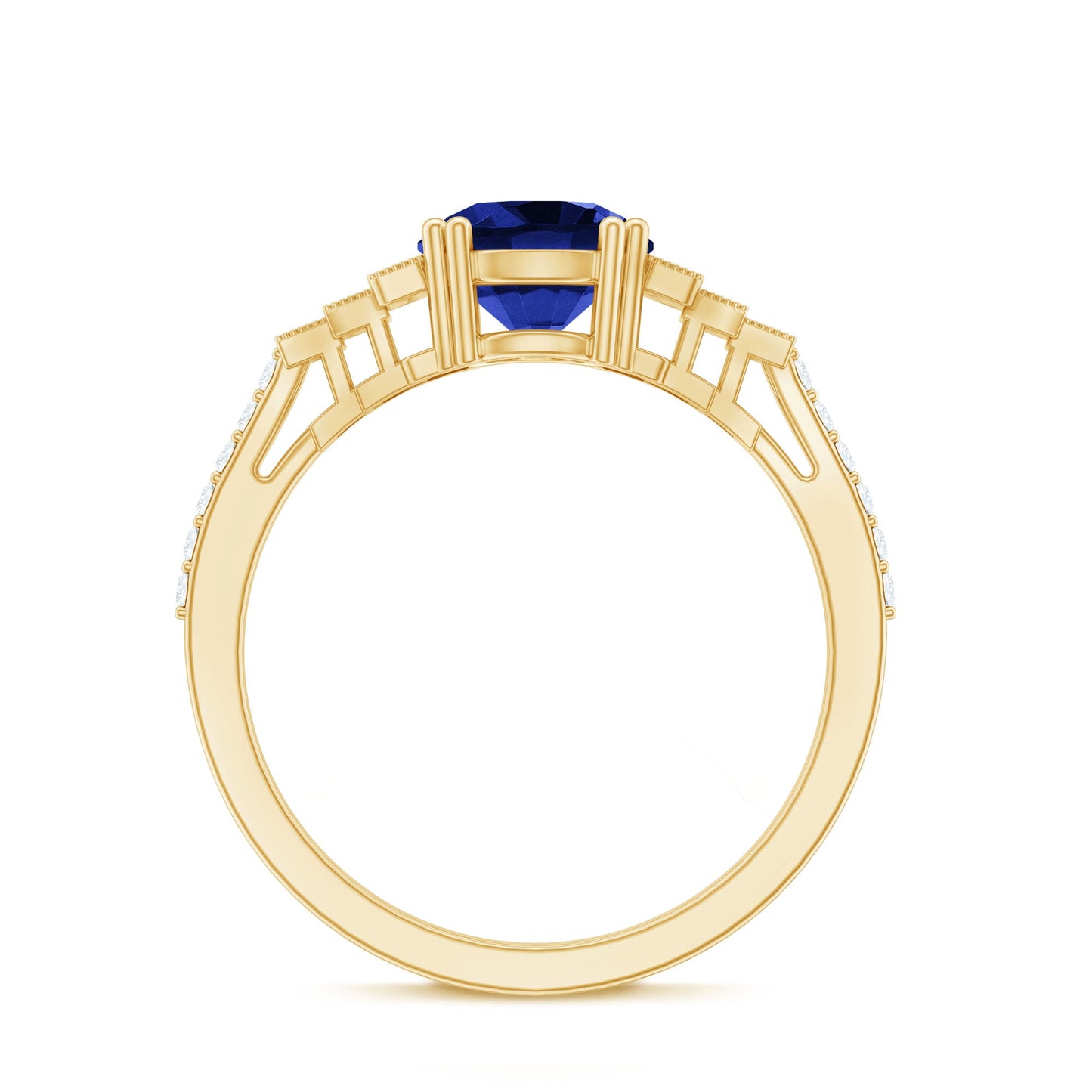 Vintage Style 2.7 Carat Lab Grown Blue Sapphire Engagement Ring with Diamond Side Stone