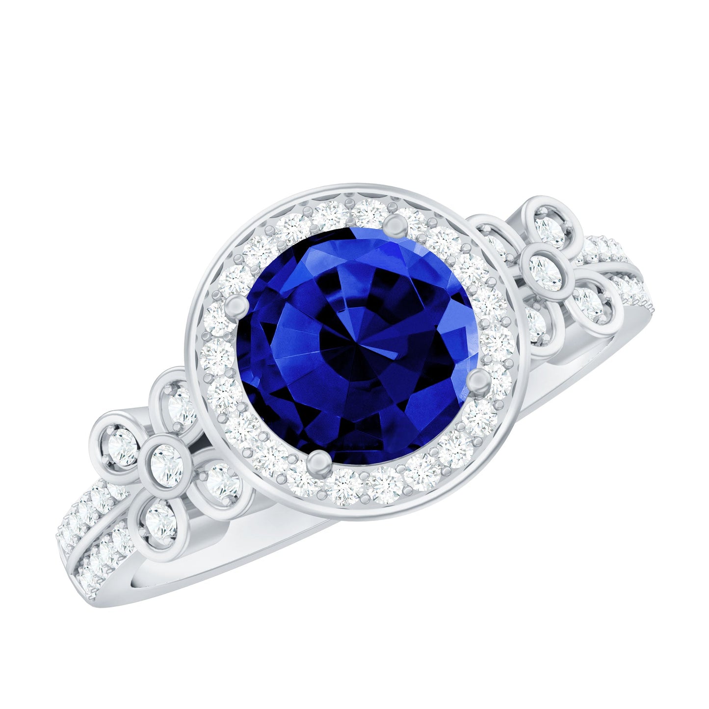 Certified 2.7 Carat Lab Grown Blue Sapphire Halo Engagement Ring with Diamond Flower