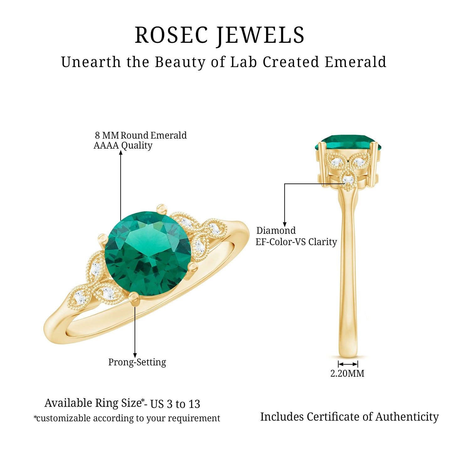 Lab Created Emerald Solitaire Engagement Ring With Diamond