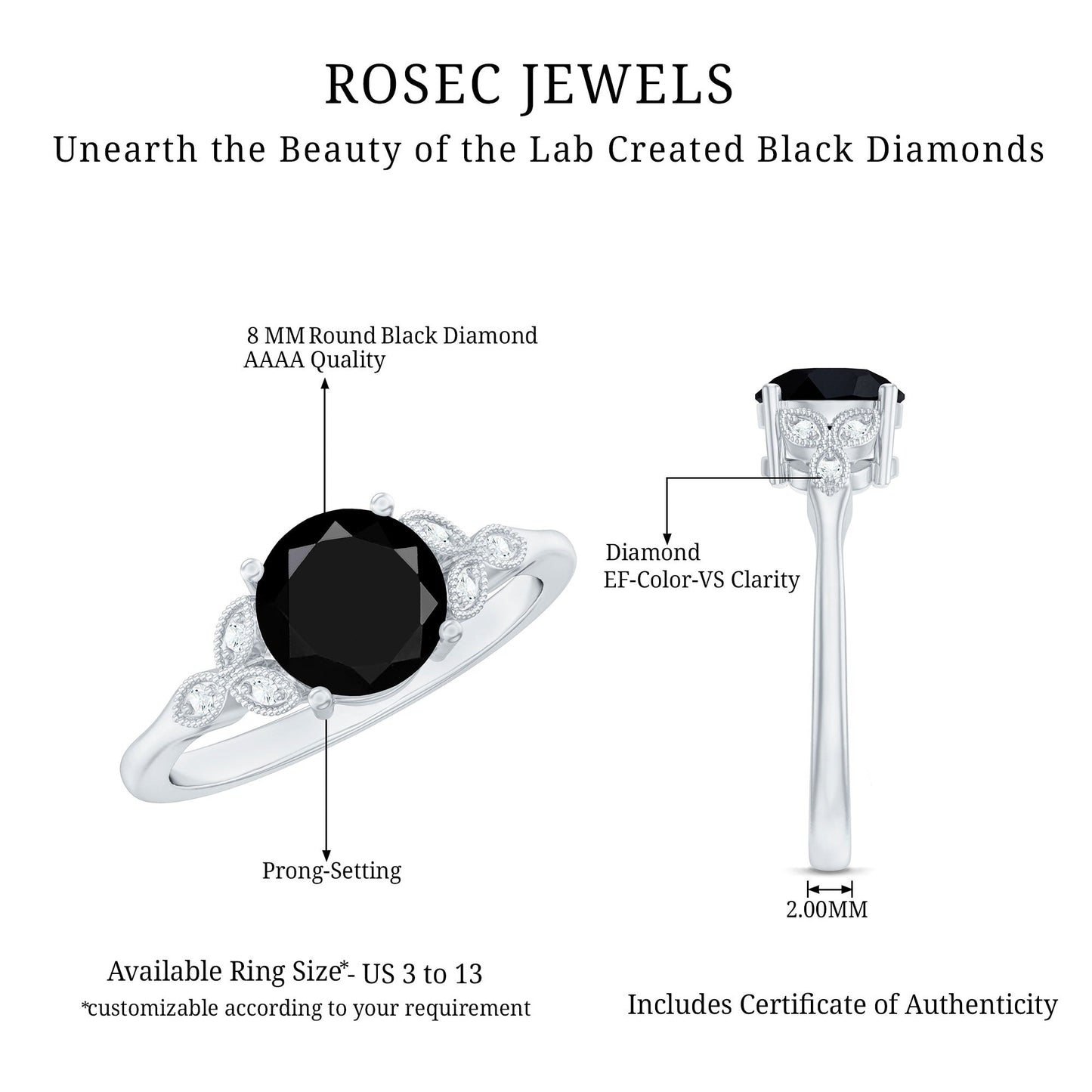 Certified 2 Carat Lab Grown Black Diamond Solitaire Engagement Ring with White Diamond