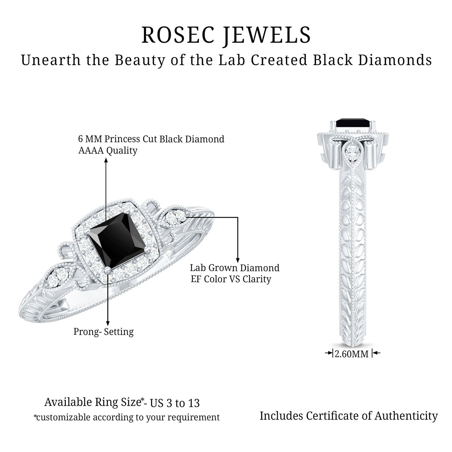 Vintage Looking 1 Carat Lab Grown Black and White Diamond Engagement Ring