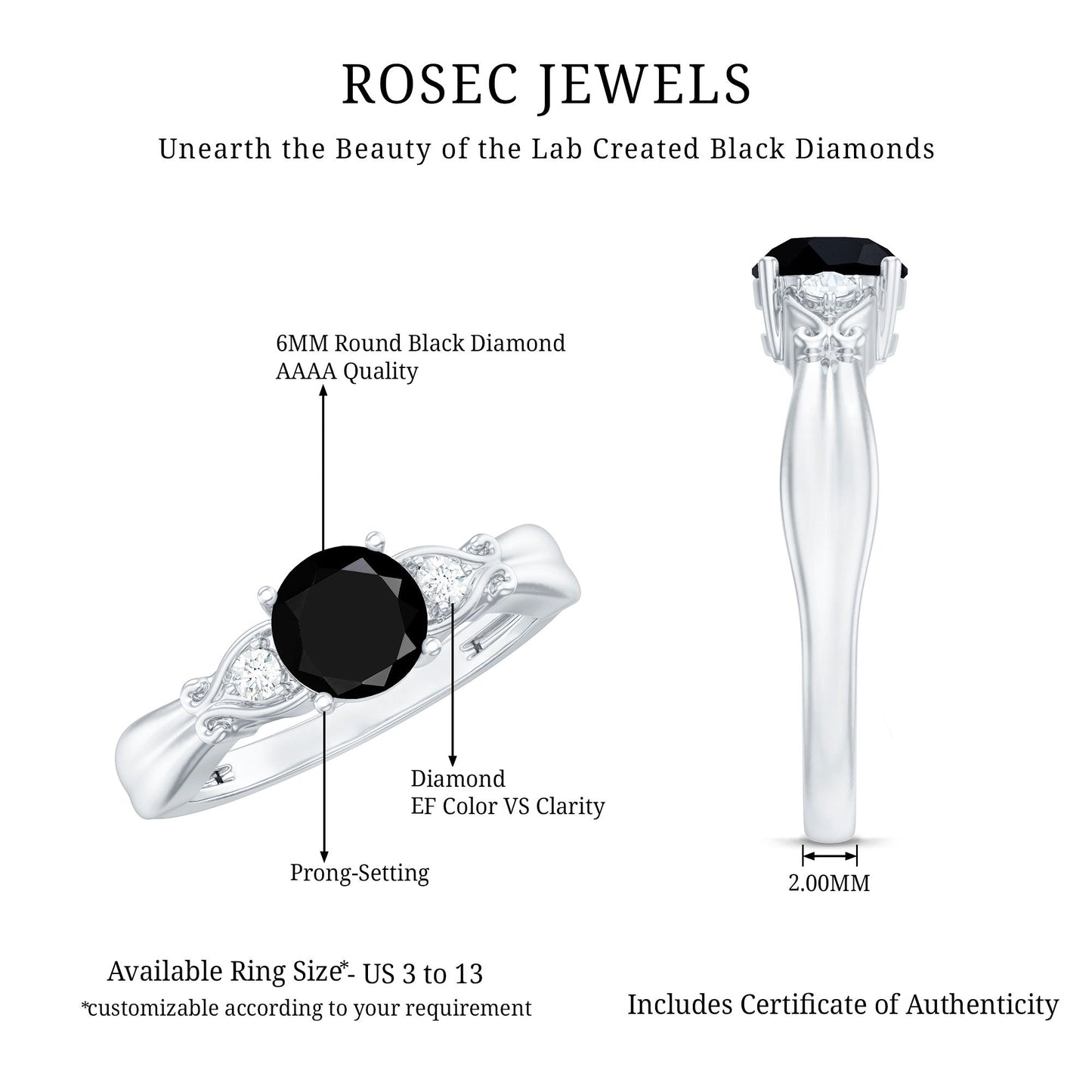 Certified 1.3 Carat Lab Grown Black Diamond Engagement Ring with White Diamond