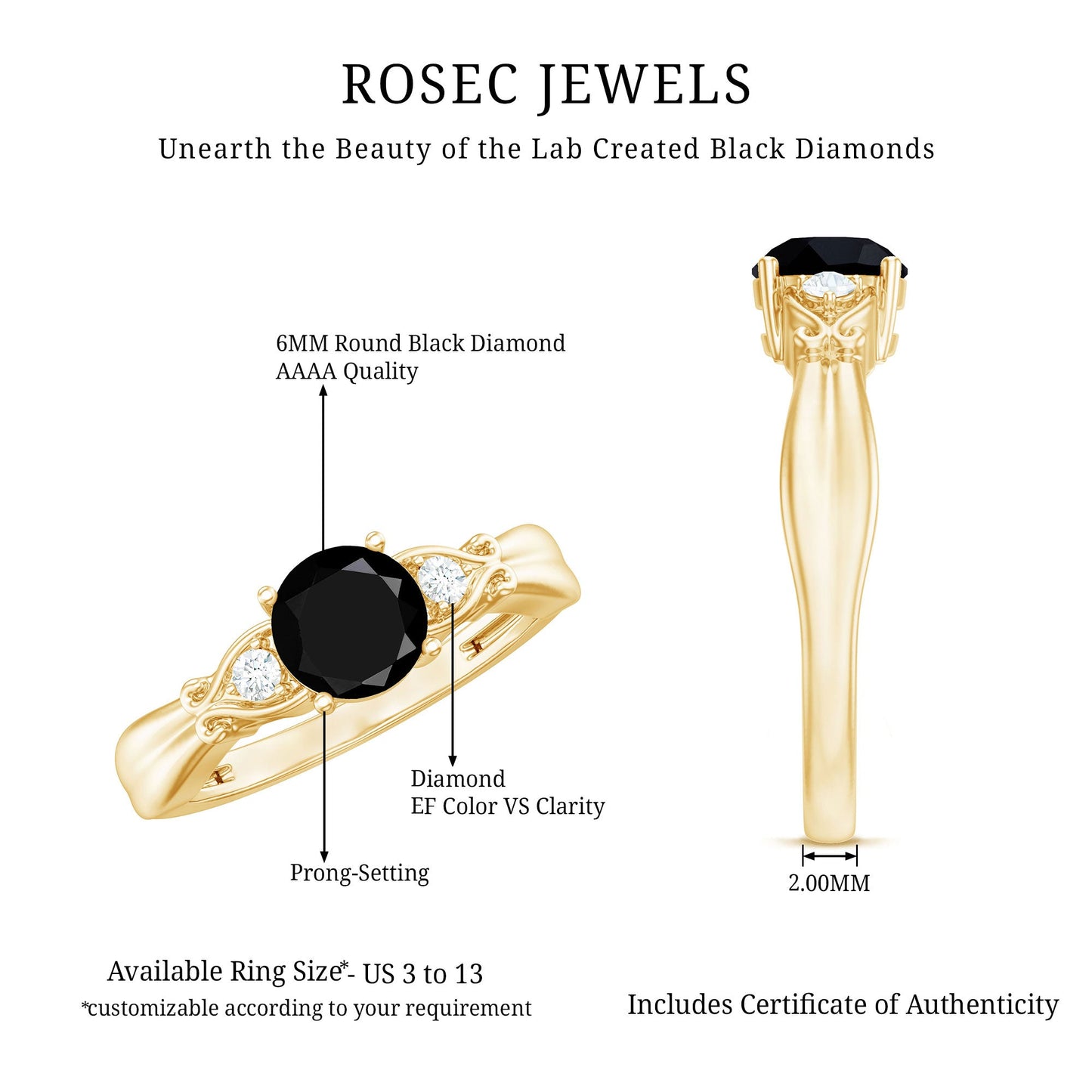 Certified 1.3 Carat Lab Grown Black Diamond Engagement Ring with White Diamond
