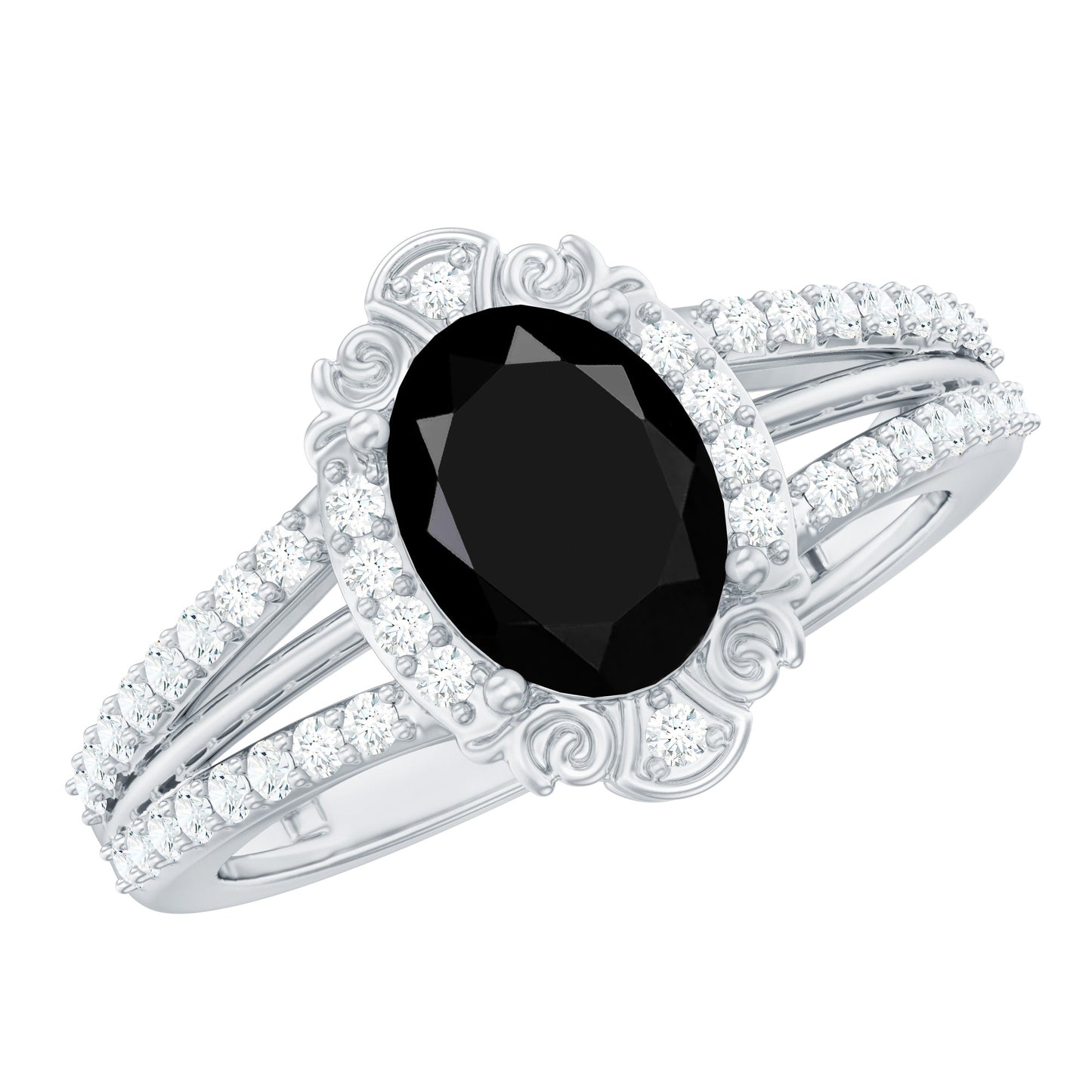Vintage Style 1.9 Carat Lab Grown Black Diamond Oval Engagement Ring with Diamond Halo
