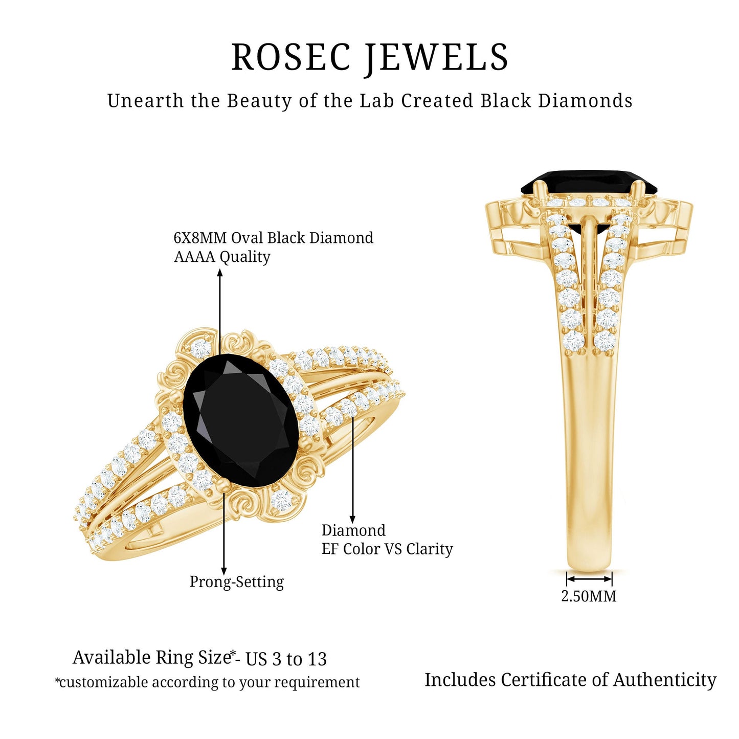 Vintage Style 1.9 Carat Lab Grown Black Diamond Oval Engagement Ring with Diamond Halo