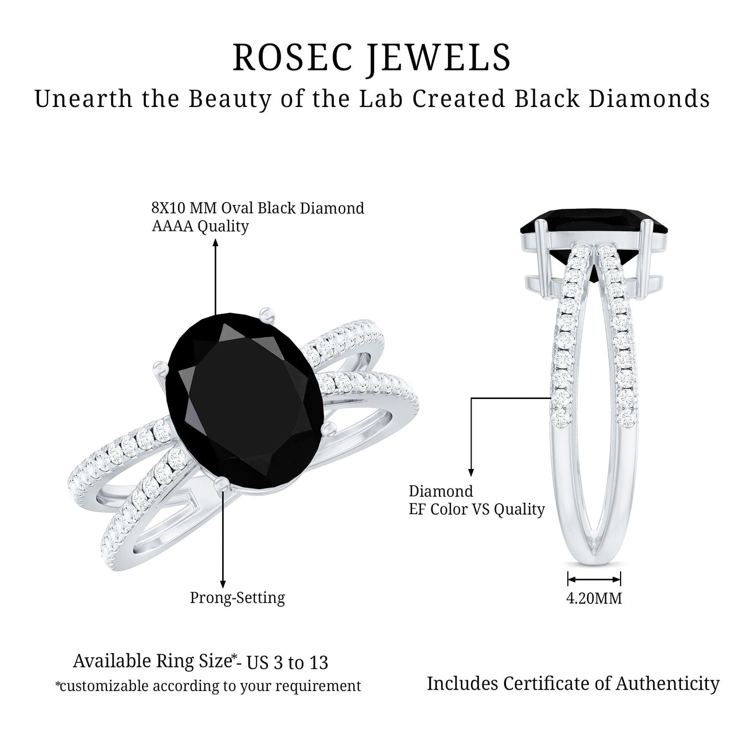 4.2 Carat Lab Grown Black Diamond Statement Engagement Ring with White Diamond