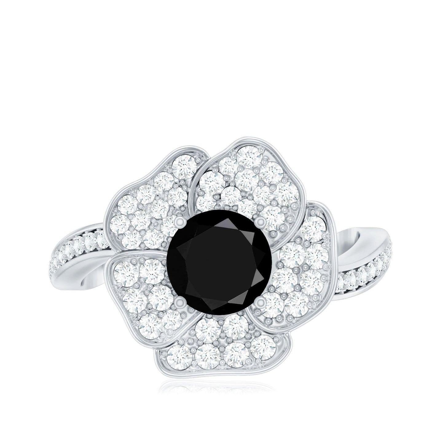 1.3 Carat Lab Grown Black Diamond Flower Engagement Ring with White Diamond