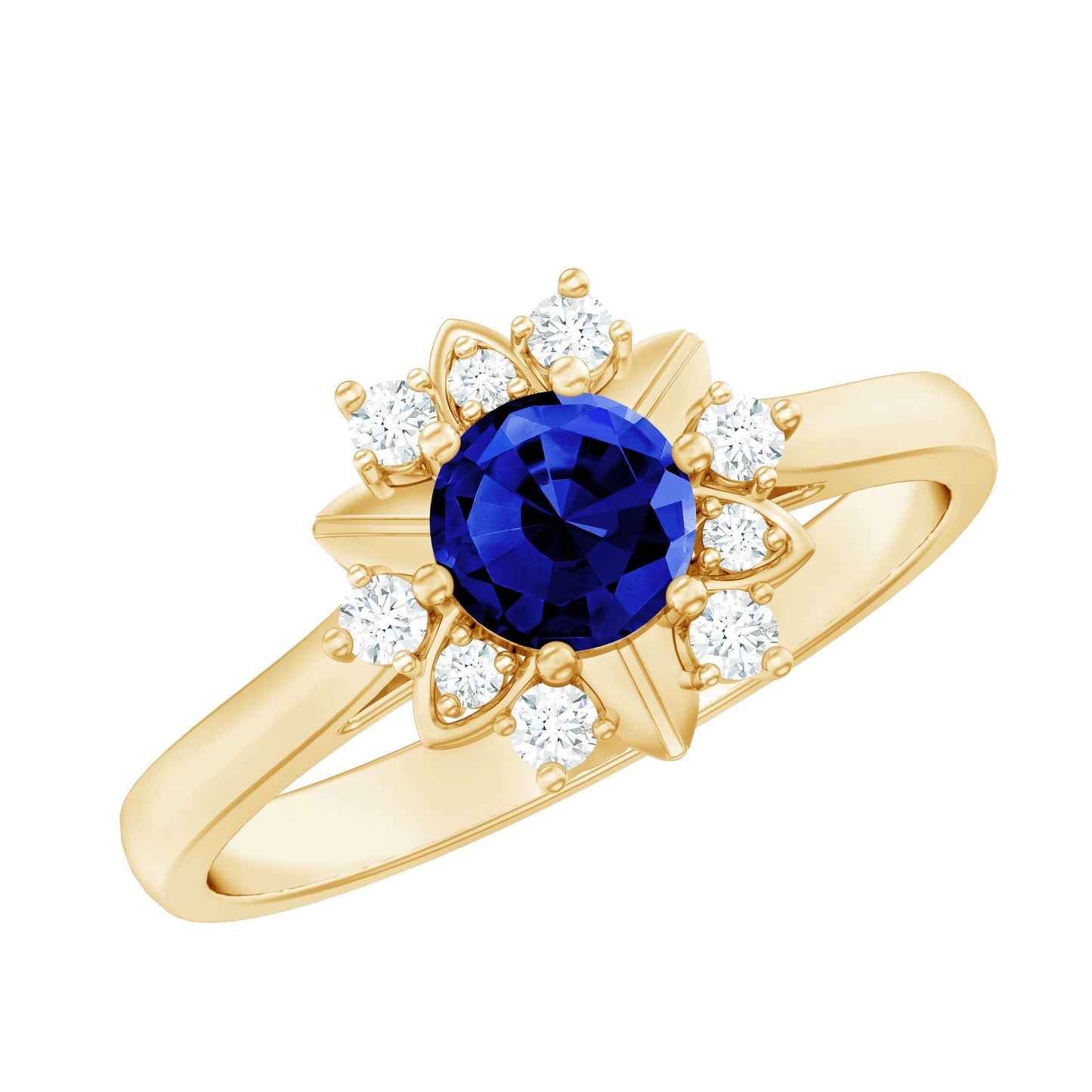 Certified 0.6 Carat Lab Grown Blue Sapphire Flower Engagement Ring with Diamond