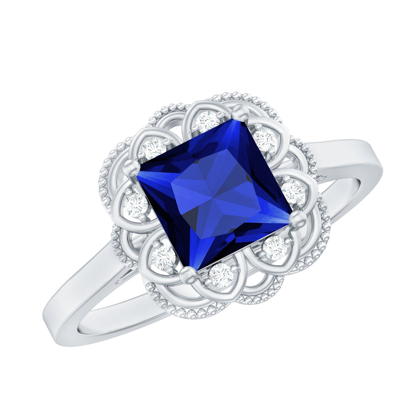 Art Deco 1.5 Carat Lab Grown Blue Sapphire Princess Cut Engagement Ring with Diamond