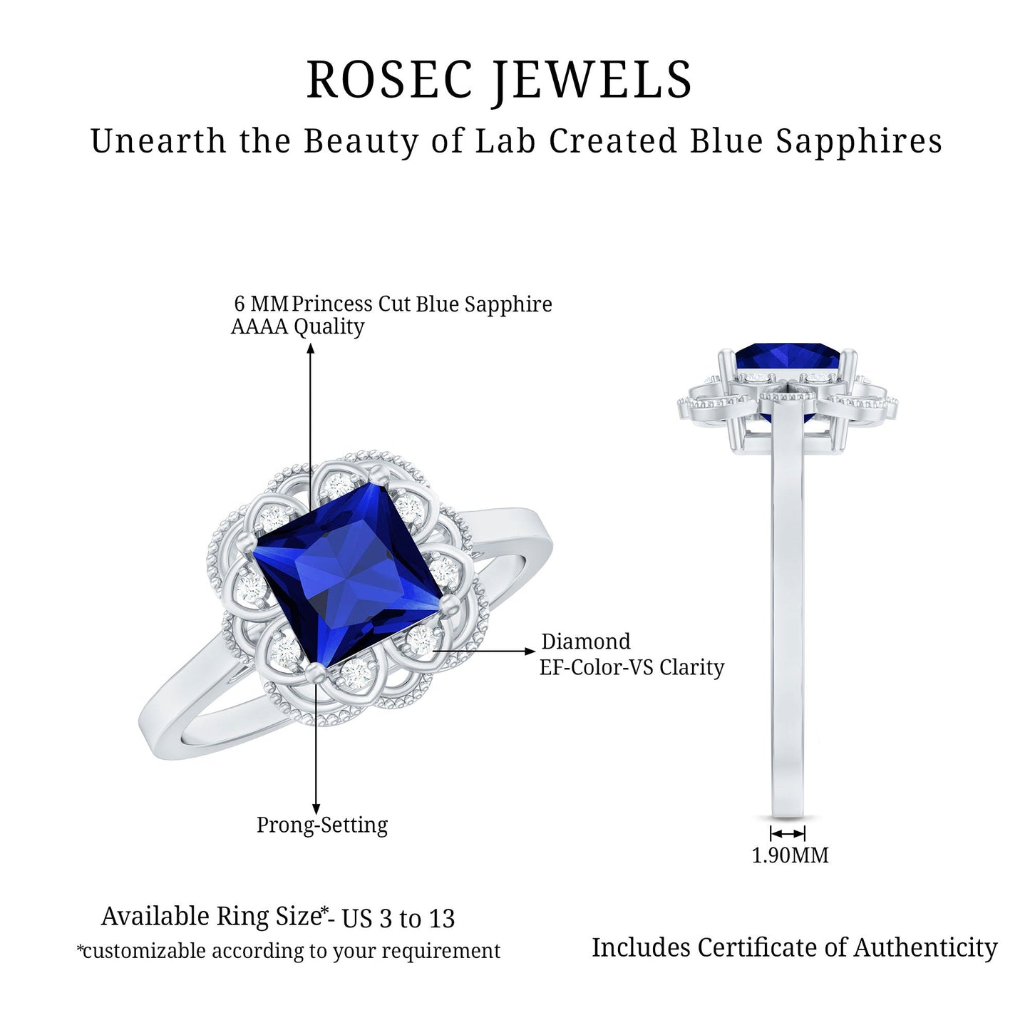Art Deco 1.5 Carat Lab Grown Blue Sapphire Princess Cut Engagement Ring with Diamond