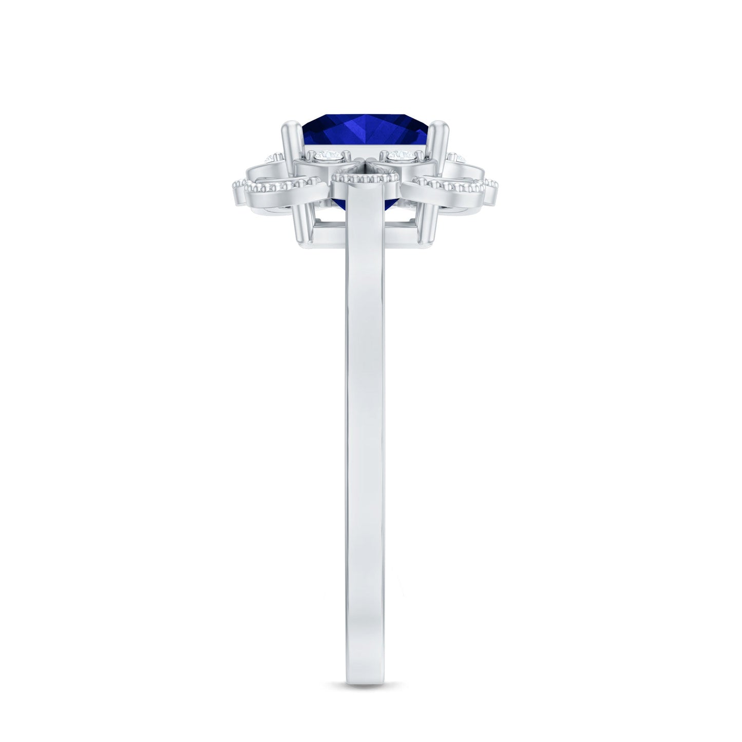 Art Deco 1.5 Carat Lab Grown Blue Sapphire Princess Cut Engagement Ring with Diamond