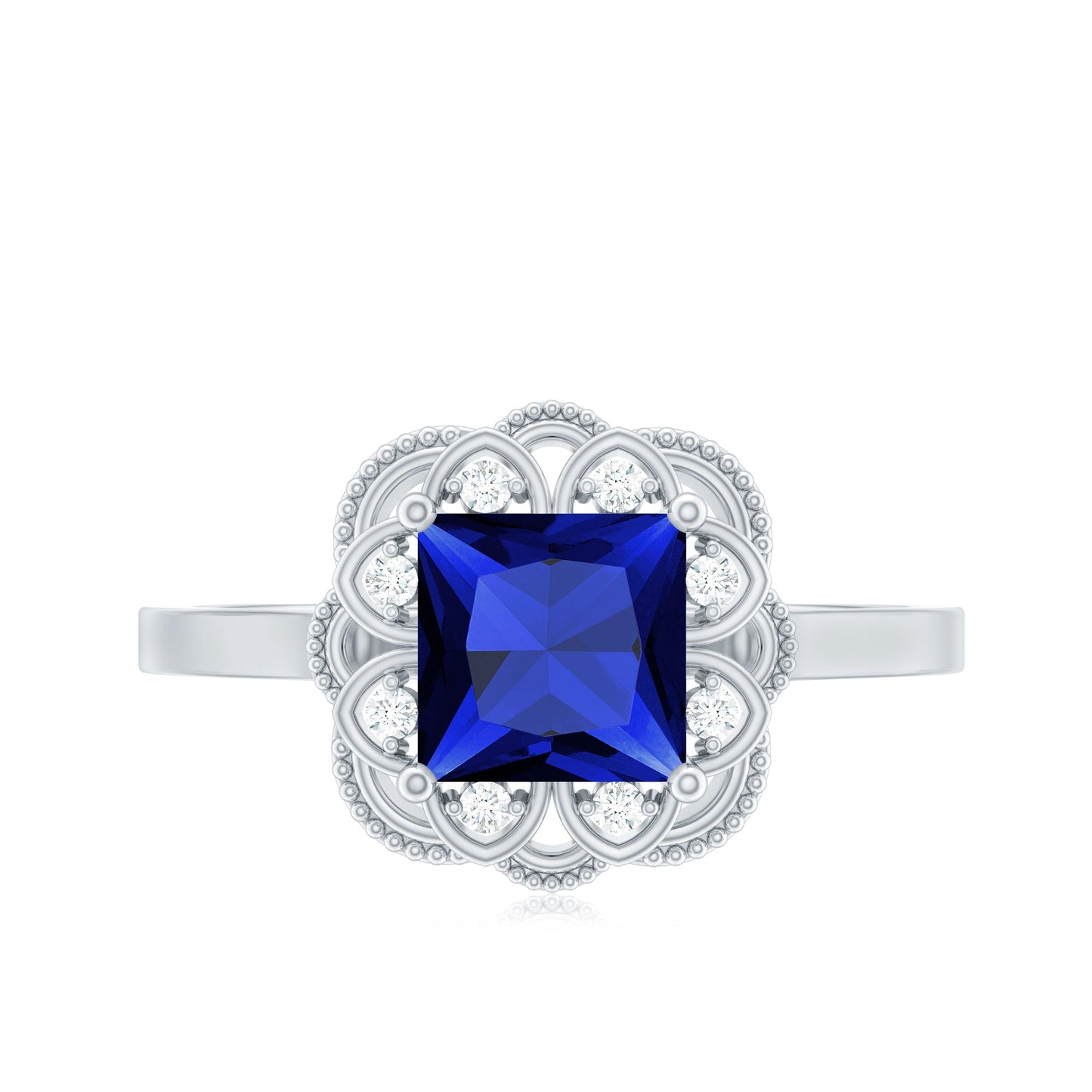 Art Deco 1.5 Carat Lab Grown Blue Sapphire Princess Cut Engagement Ring with Diamond
