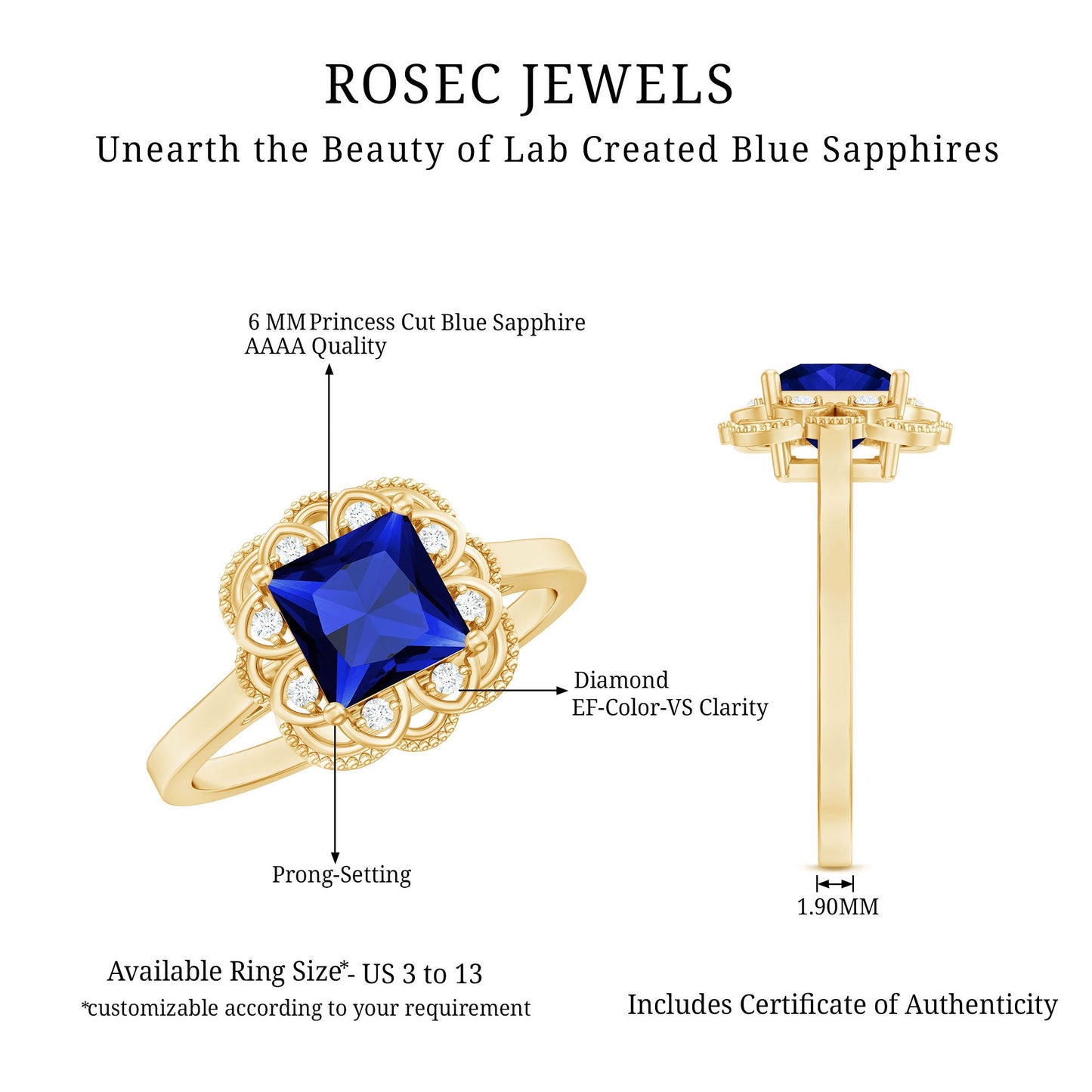 Art Deco 1.5 Carat Lab Grown Blue Sapphire Princess Cut Engagement Ring with Diamond