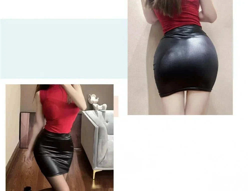 Mandotos Black Imitation Leather Pencil Mini Skirt High Waist Korean Fashion Women Wholesale Summer
