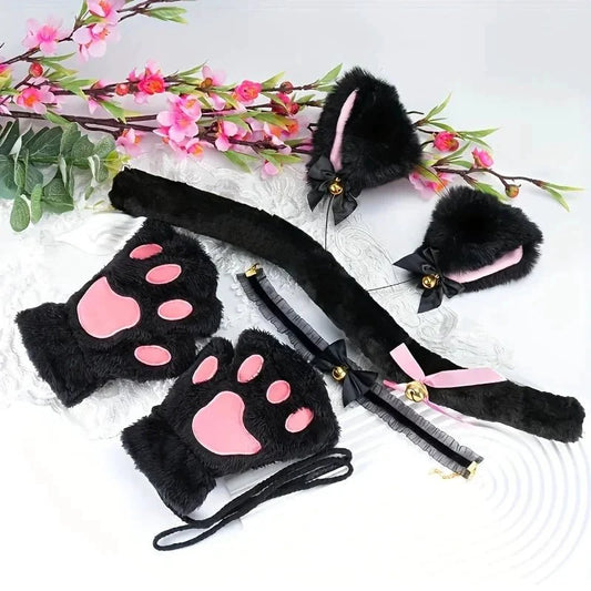 5Pcs Sets Cat Paw Gloves Winter Cute Cartoon Girl Open Finger Gloves Bell Headband Fox Cat Ear Headwear