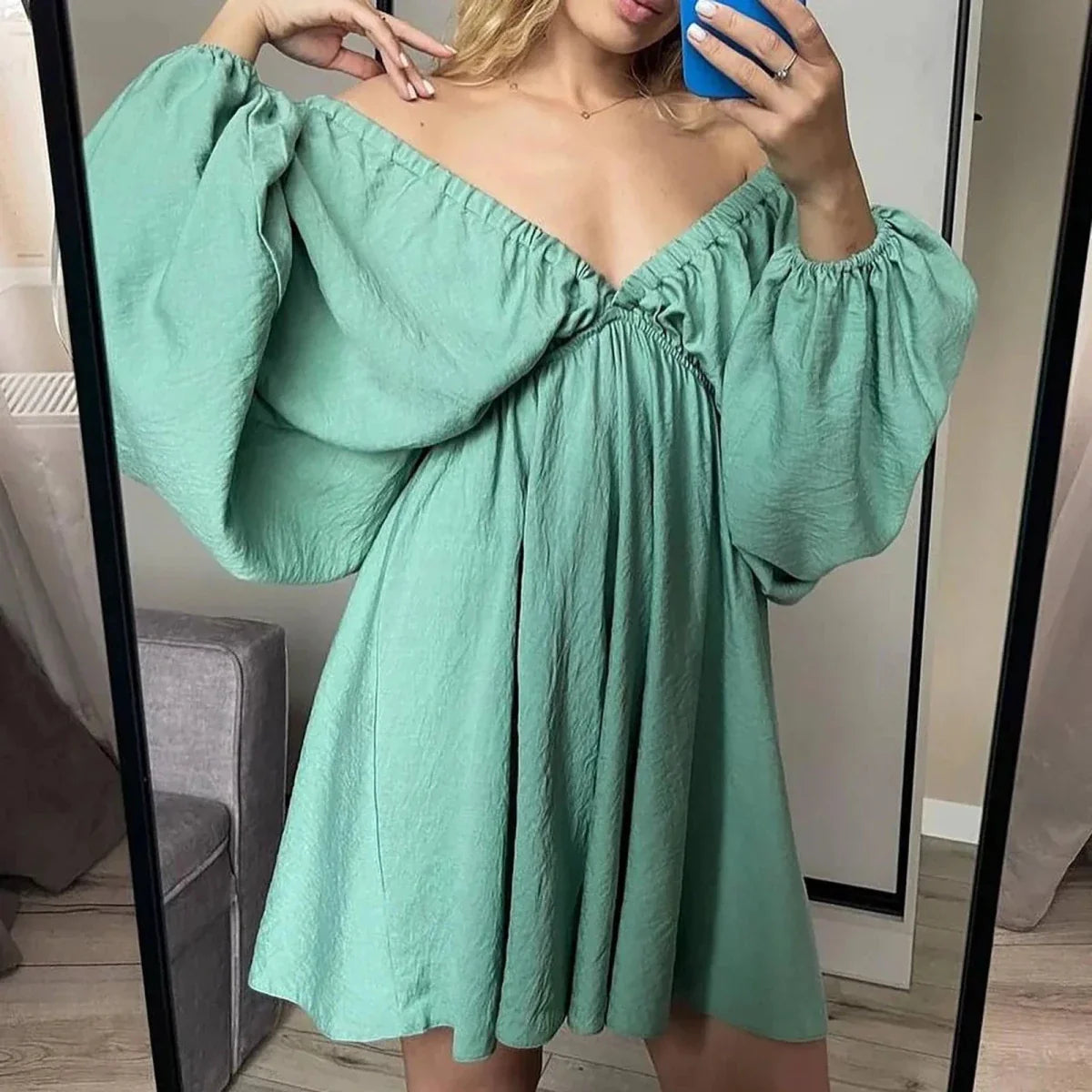 Mandotos Deep V Neck Retro Pleated Dress With Long Sleeves Pink Large Size For Women