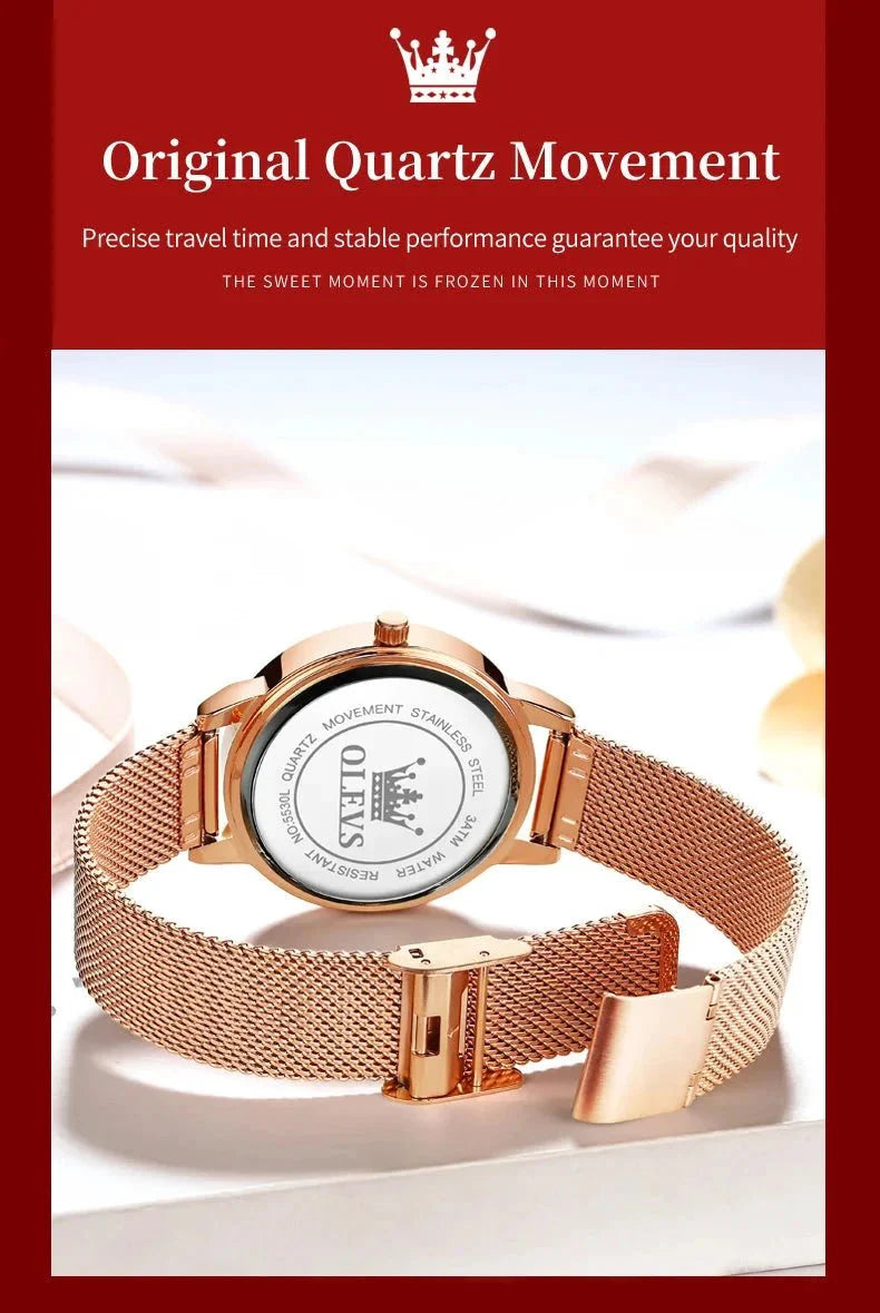 OLEVS Luxury Fashion Ladies' Watches Rose Gold Top Brand Original Quartz Watch for Women Stainless Steel Mesh Strap Love Dial