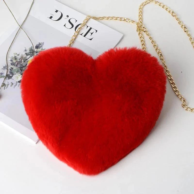 Fashion Women's Heart Shaped Handbags Cute Faux Fur Crossbody Bags  Lady Soft Plush Chain Shoulder Bag Shopper Totes