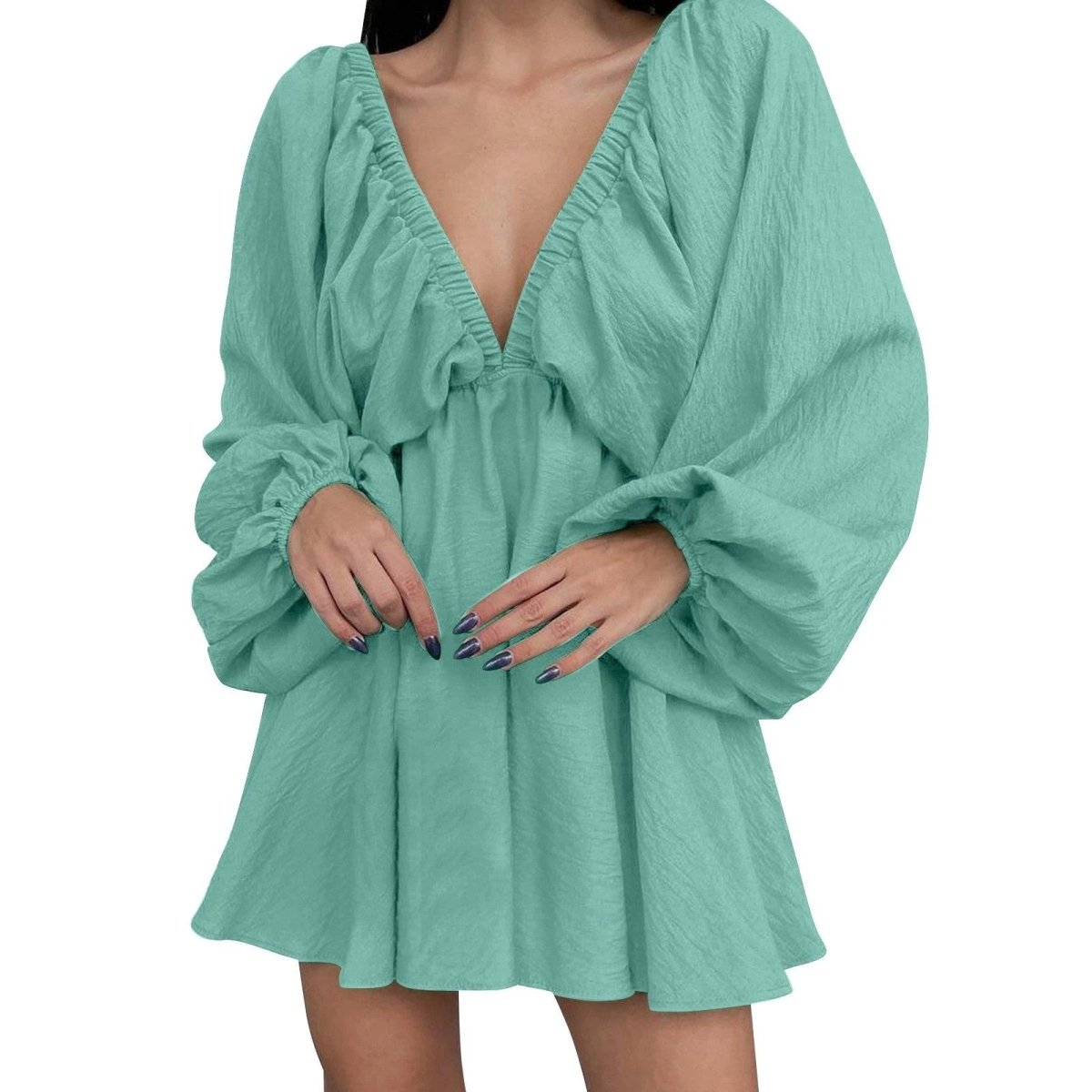 Mandotos Deep V Neck Retro Pleated Dress With Long Sleeves Pink Large Size For Women