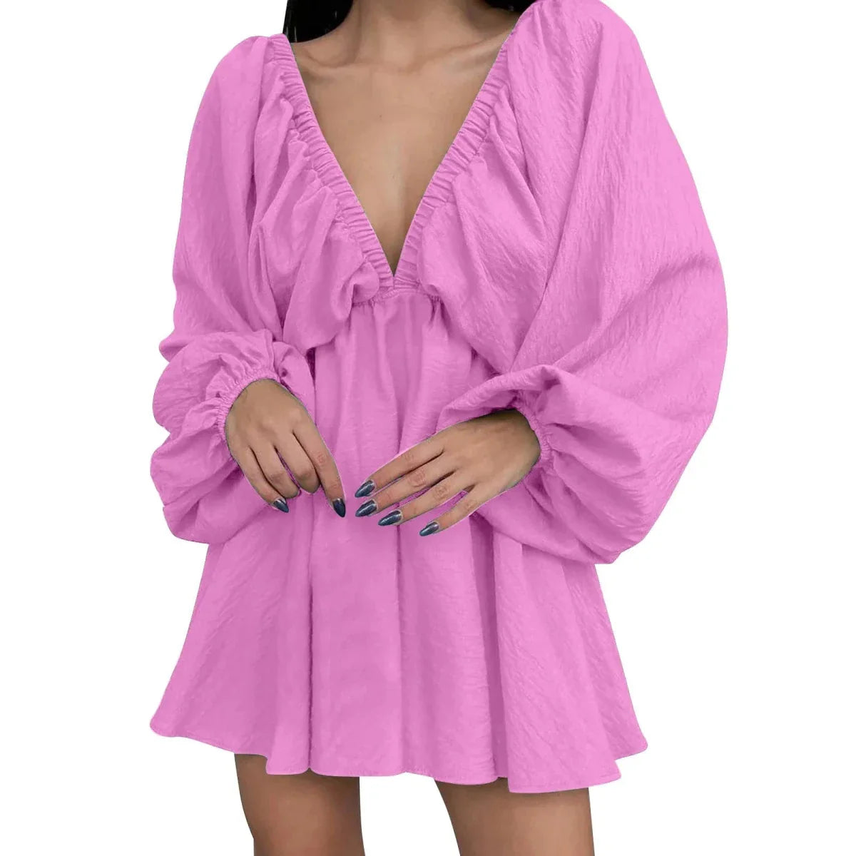 Mandotos Deep V Neck Retro Pleated Dress With Long Sleeves Pink Large Size For Women