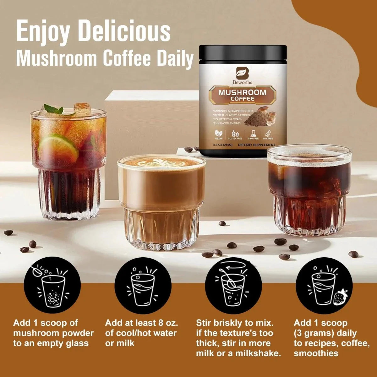 Mushroom Coffee - 10 Mushroom Extract Blend for Energy & Immunity