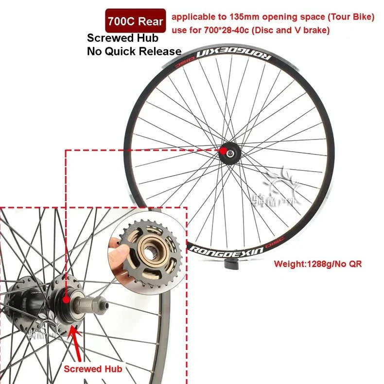 Cruiser Tour Bike Wheelset, Double Deck Rim, Front Wheel Disc, V Brake, Rear Back Wheels, Cassette and Screwed Hub, 36H, 700C