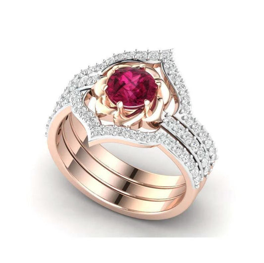 Rose Gold Flower Ring - Exquisite Engagement Wedding Band Set