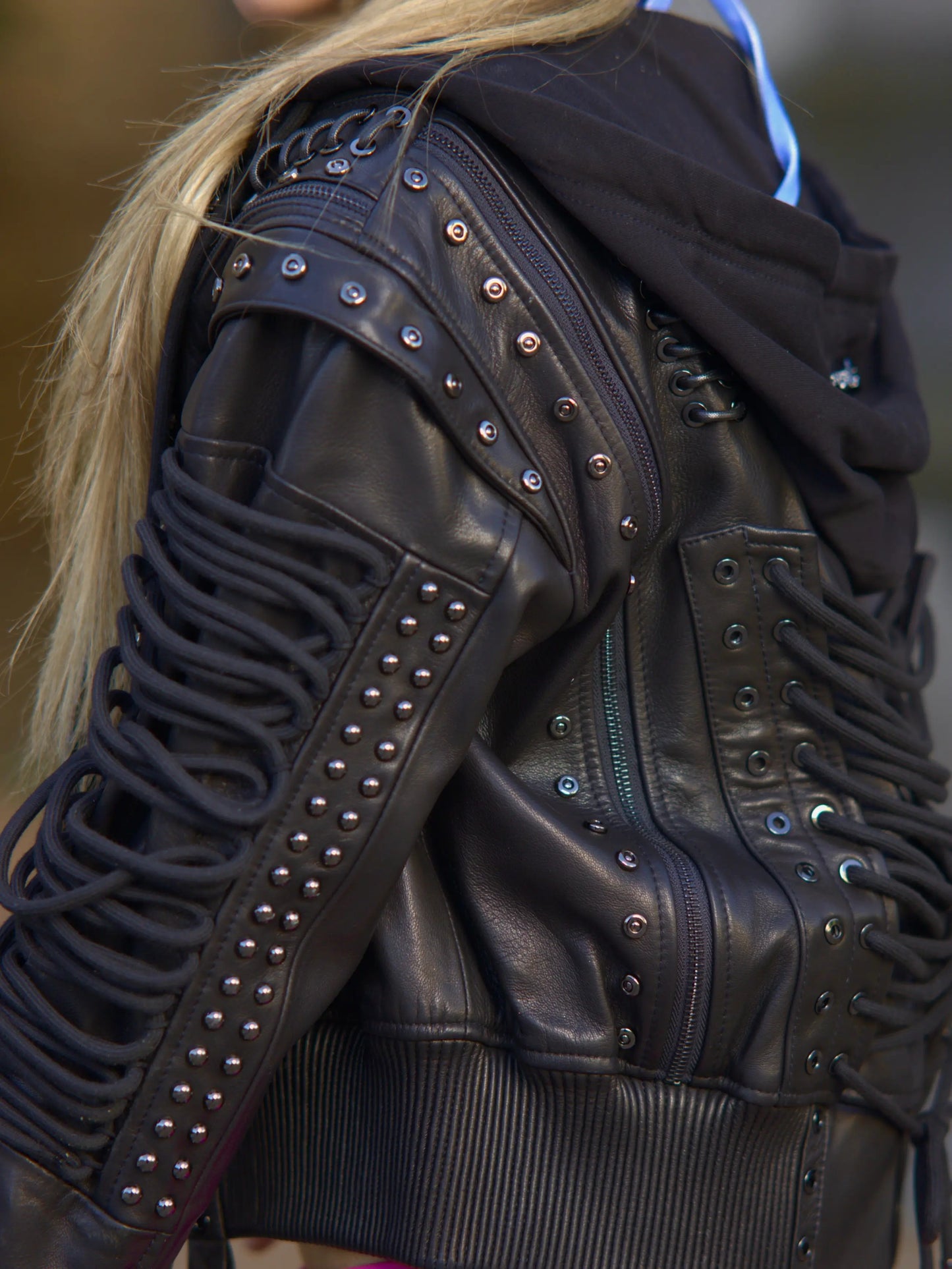 Lace Up Leather Bomber Jacket