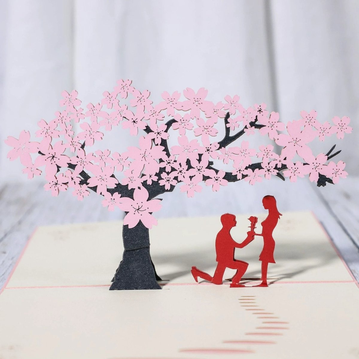 3D Laser-Cut Engagement Card: Red Heart & Romantic Silhouette