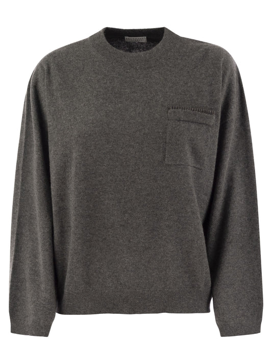 Brunello Cucinelli Women Cashmere Sweater With Breast Pocket And Necklace