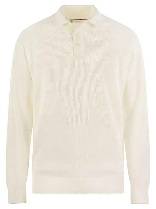 Brunello Cucinelli Men Cotton Rib Knit Polo Shirt With Long Raglan Sleeve