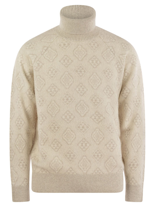 Brunello Cucinelli Men Geometric Jacquard Turtleneck Sweater In Alpaca, Cotton And Wool