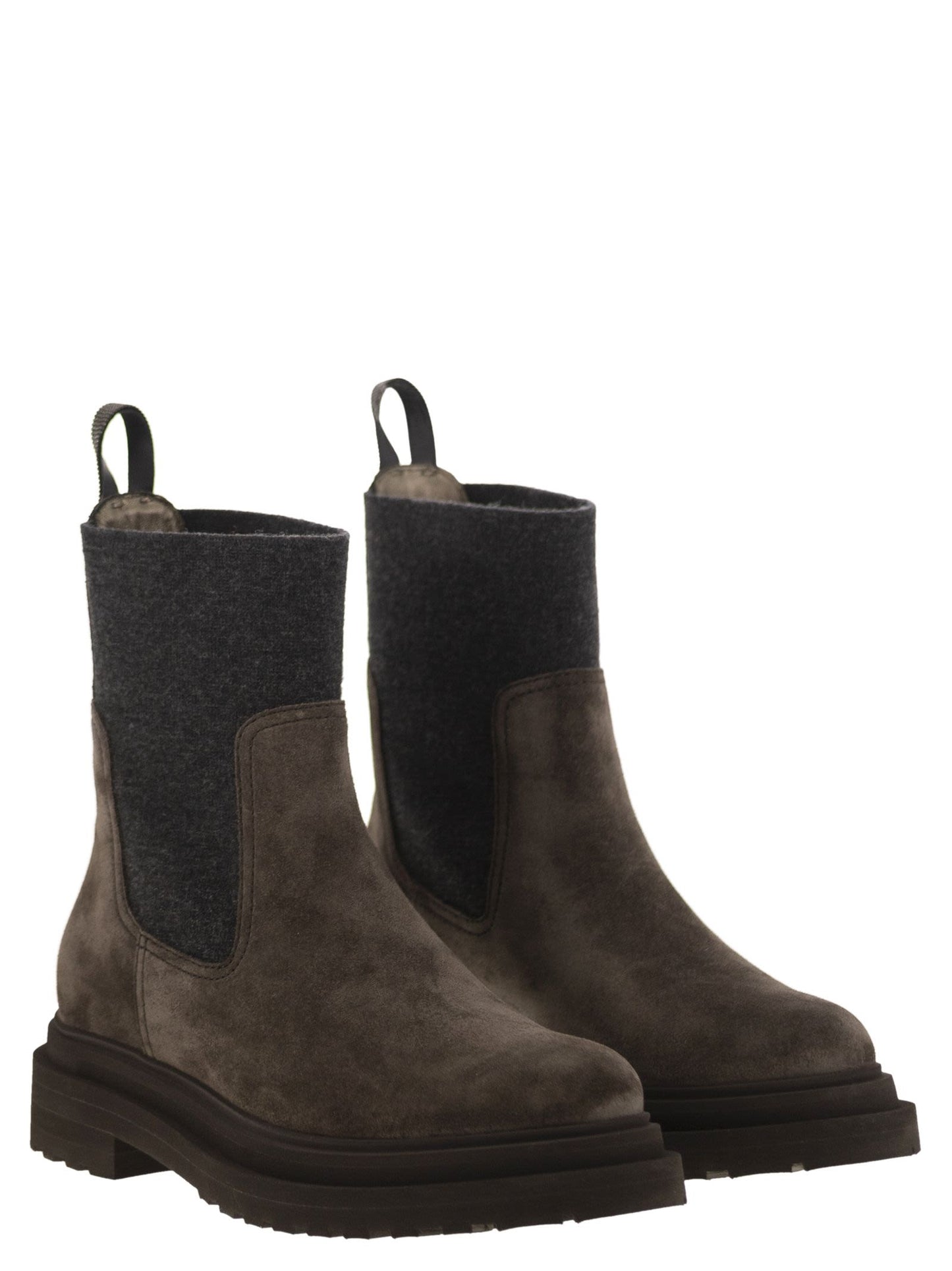 Brunello Cucinelli Women Suede Boot With Knitted Insert And Precious Loop Detail