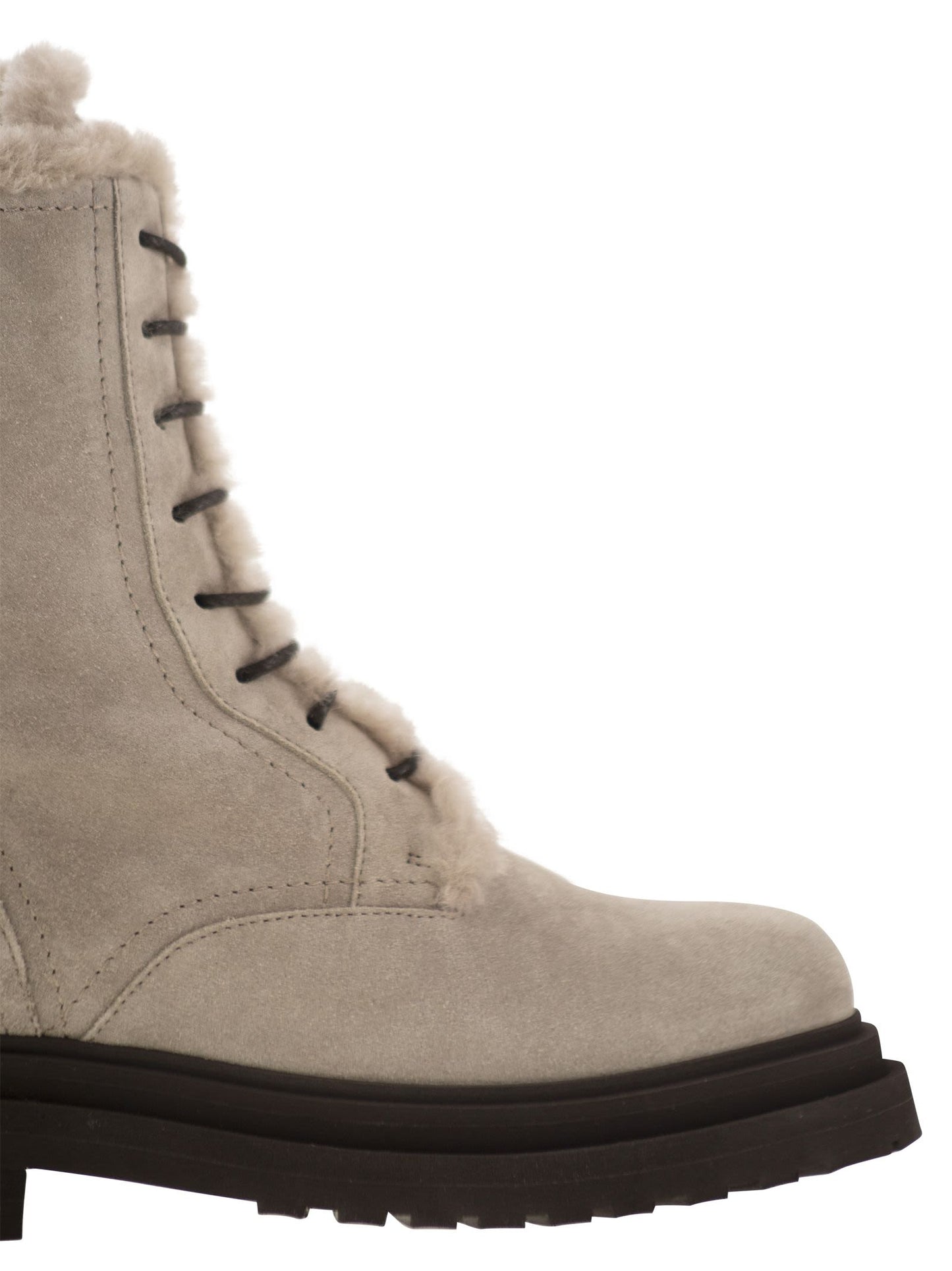 Brunello Cucinelli Women Suede Boot With Shearling Lining And Shiny Loop Detail
