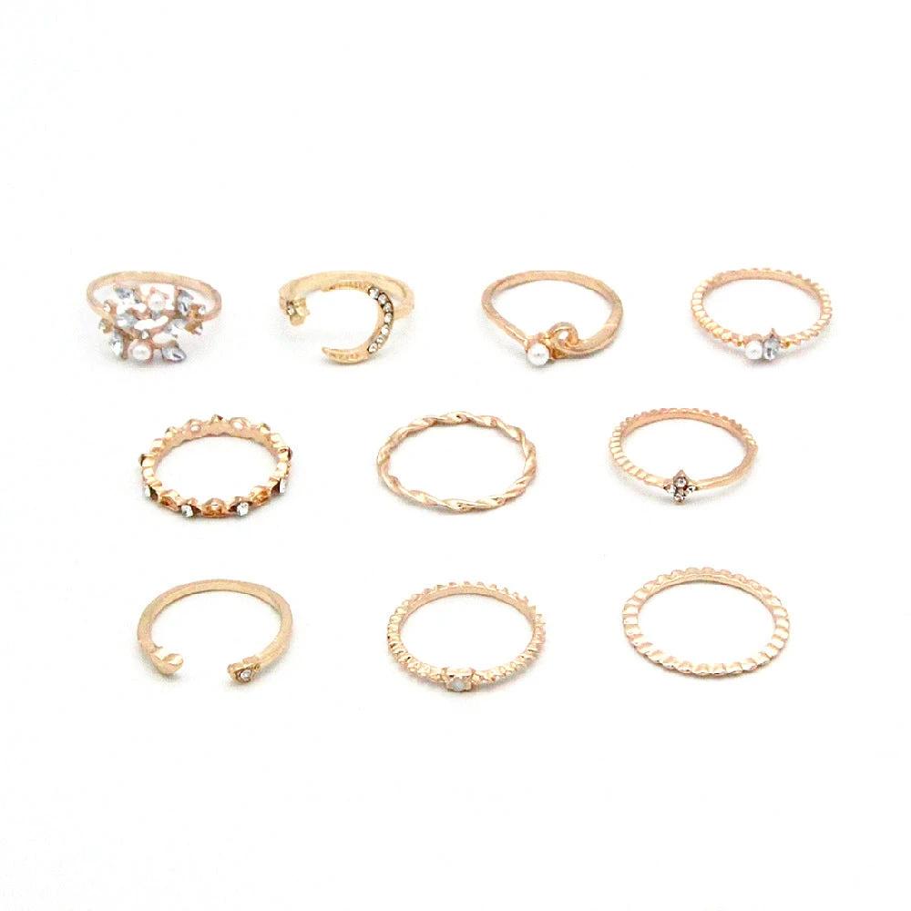 Mandotos Bohemian Star Moon Pearl Leaf 10-Piece Ring Set With Gold Finish And Stackable Designs