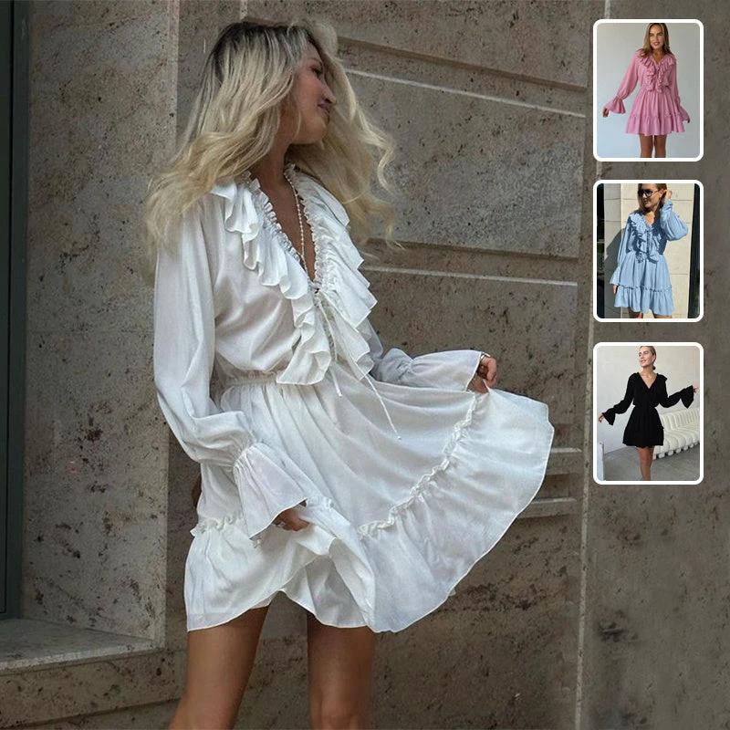 V Neck Pleated Ruffle Dress - Y2K Flared Sleeve Short Dress